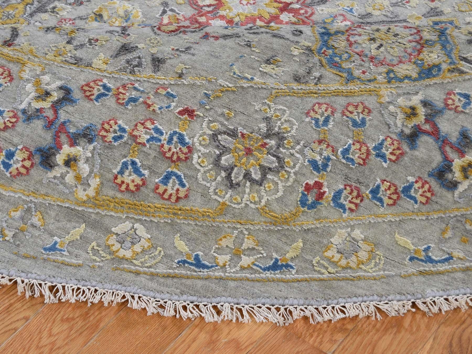Contemporary THE SUNSET ROSETTES Pure Silk and Wool Hand Knotted Oriental Round Rug