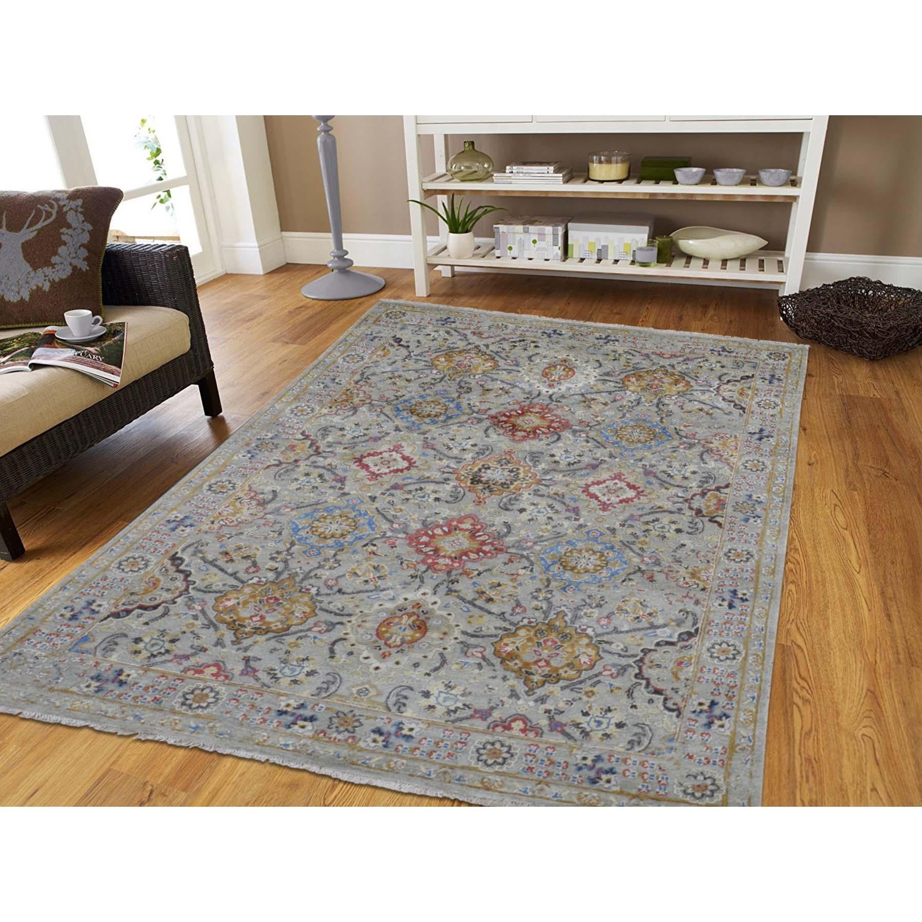 This is a truly genuine one-of-a-kind The Sunset Rosettes pure silk and wool hand knotted Oriental rug. It has been knotted for months and months in the centuries-old Persian weaving craftsmanship techniques by expert artisans. Measures: 5'0