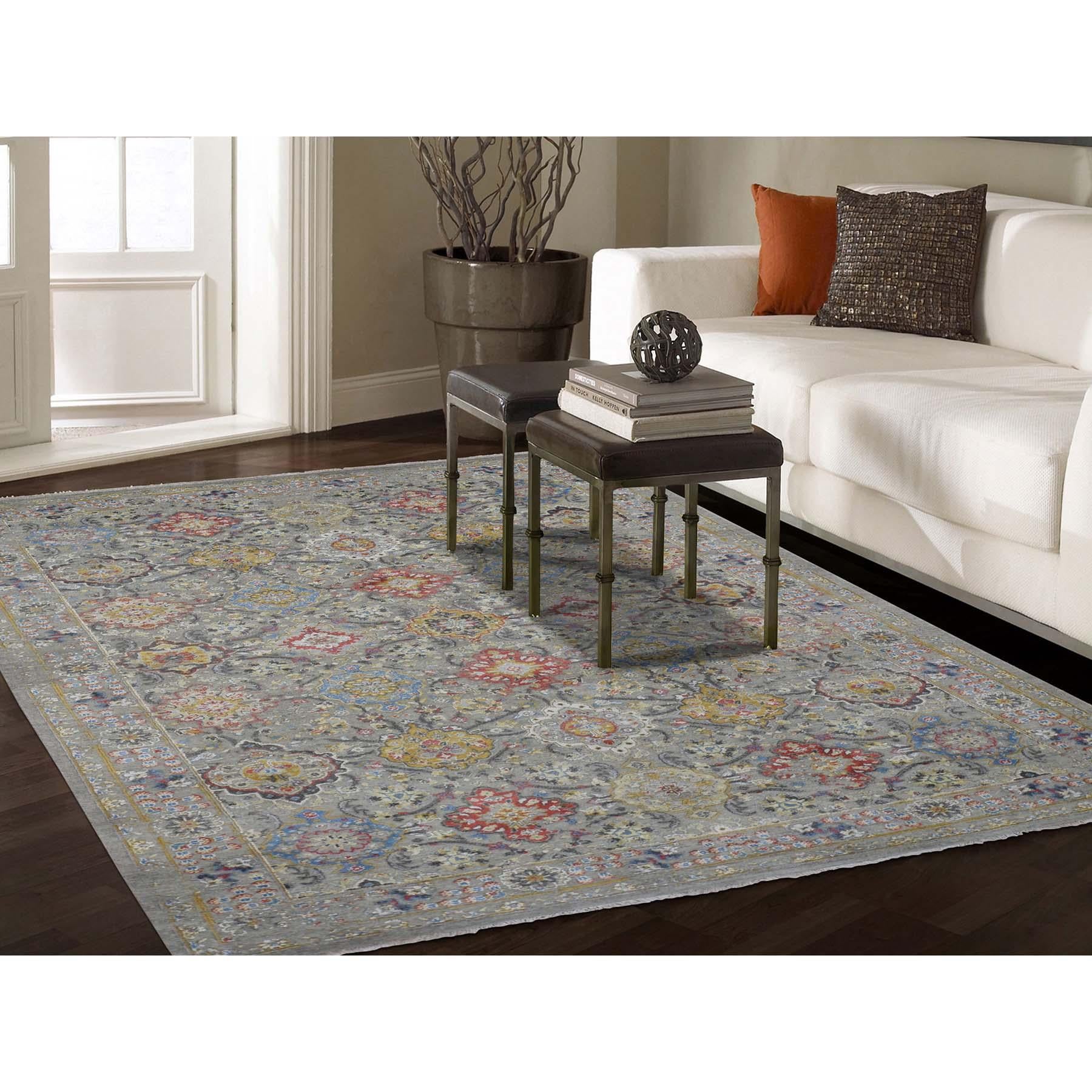 This is a truly genuine one-of-a-kind The Sunset Rosettes pure silk and wool hand knotted Oriental rug. It has been knotted for months and months in the centuries-old Persian weaving craftsmanship techniques by expert artisans. Measures: 6'1
