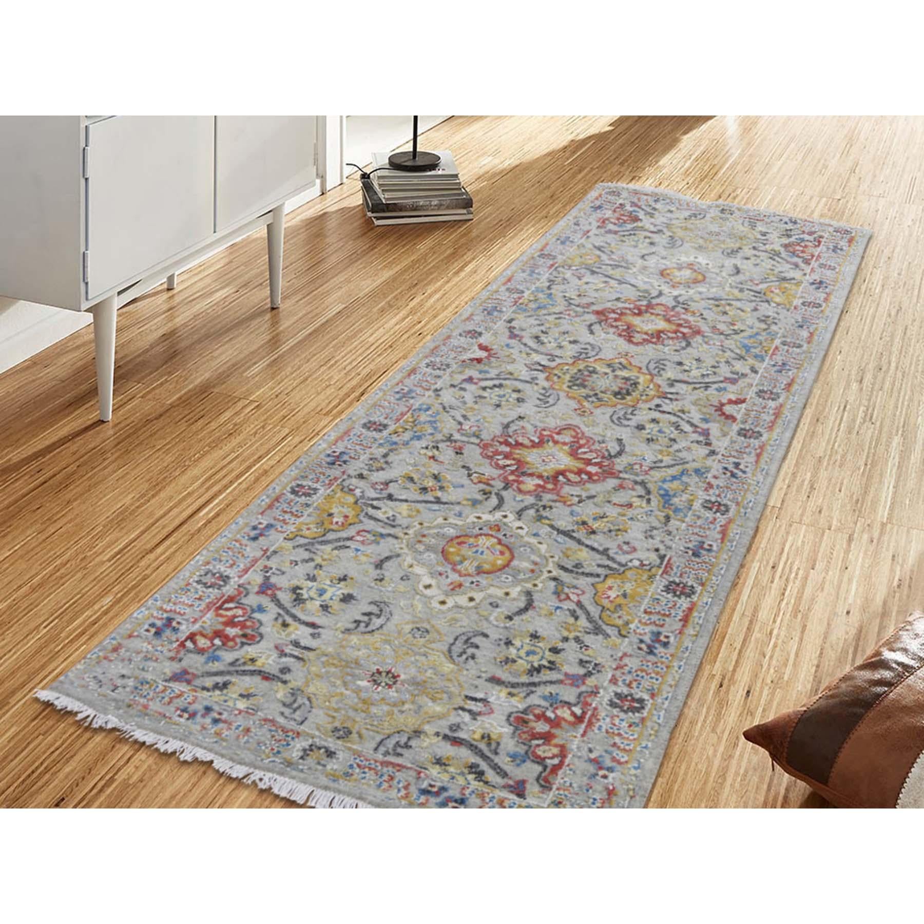 This is a truly genuine one-of-a-kind the sunset rosettes pure silk & wool runner hand knotted Oriental rug. It has been knotted for months and months in the centuries-old Persian weaving craftsmanship techniques by expert artisans. Measures: 2'6