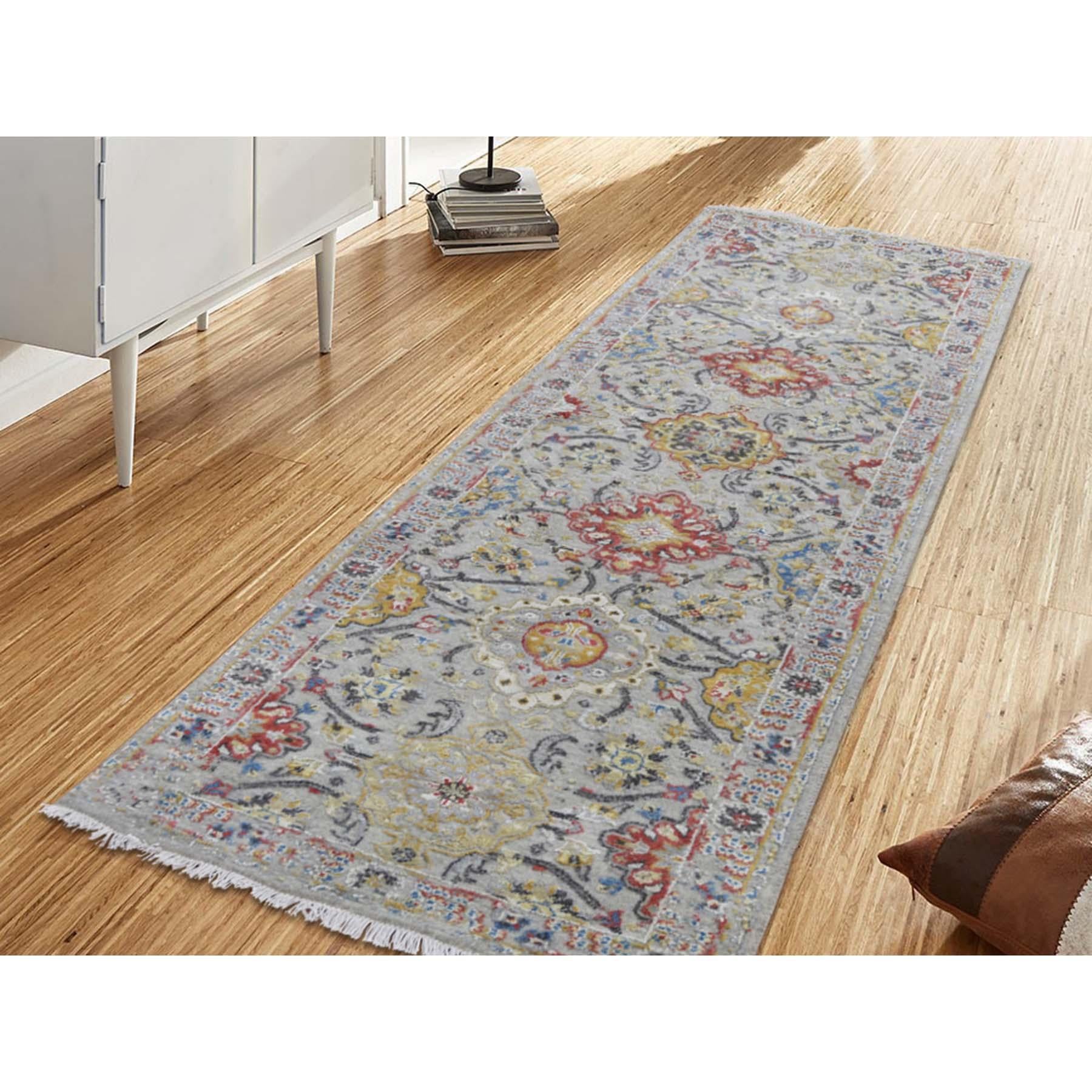 This is a truly genuine one-of-a-kind The Sunset Rosettes pure silk & wool runner hand-knotted oriental rug, 2'7