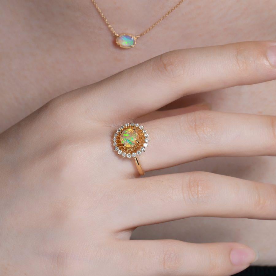 Arts and Crafts The Sunshine - Faced Fire Opal & Diamond Engagement Ring 18K Yellow Gold For Sale