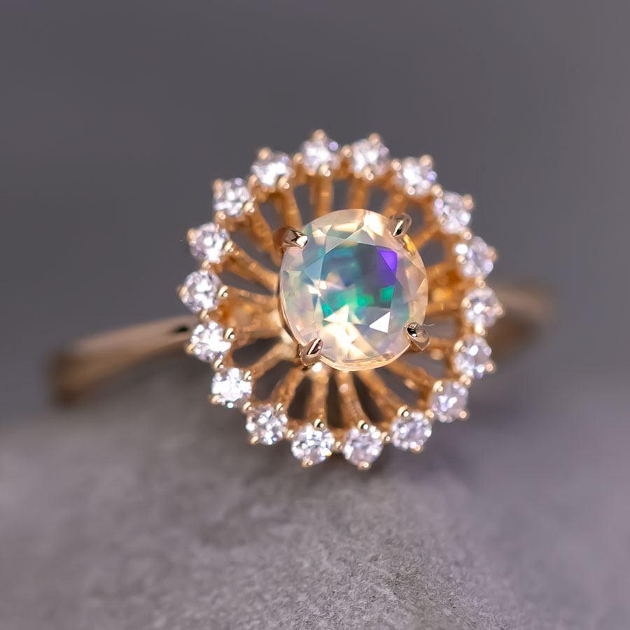 Arts and Crafts The Sunshine - Faced Fire Opal & Diamond Engagement Ring 18K Yellow Gold For Sale