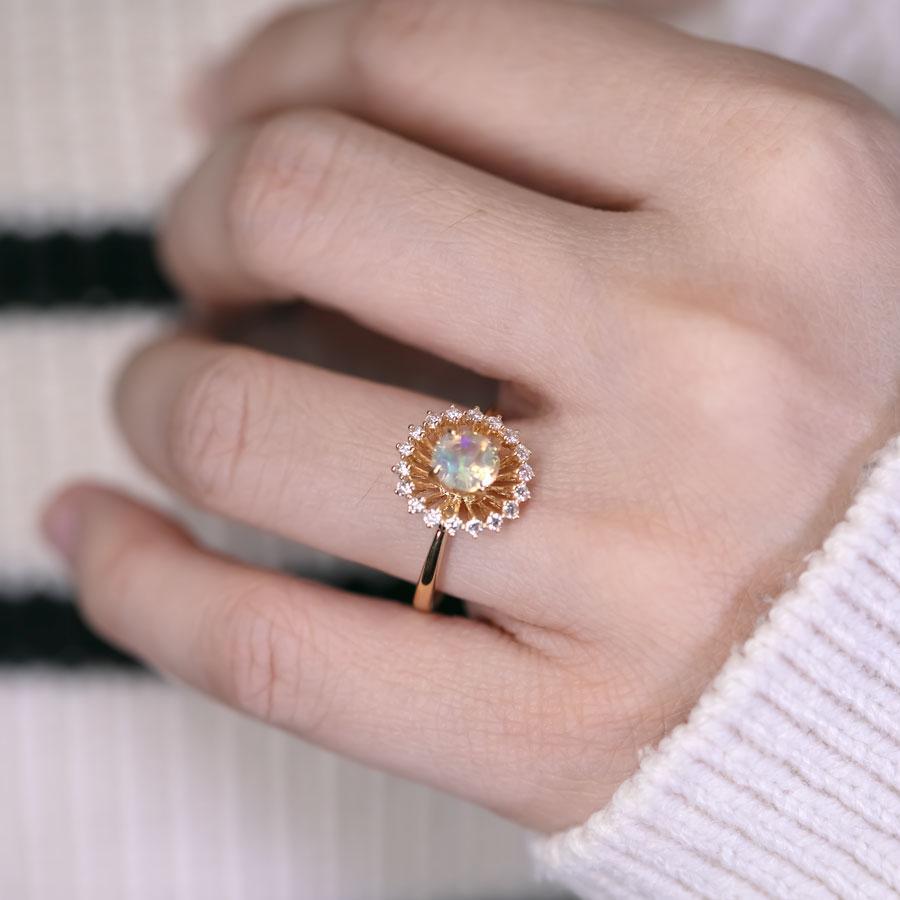 Brilliant Cut The Sunshine - Faced Fire Opal & Diamond Engagement Ring 18K Yellow Gold For Sale