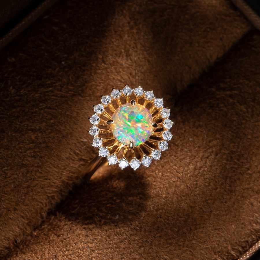 The Sunshine - Faced Fire Opal & Diamond Engagement Ring 18K Yellow Gold In New Condition For Sale In Suwanee, GA
