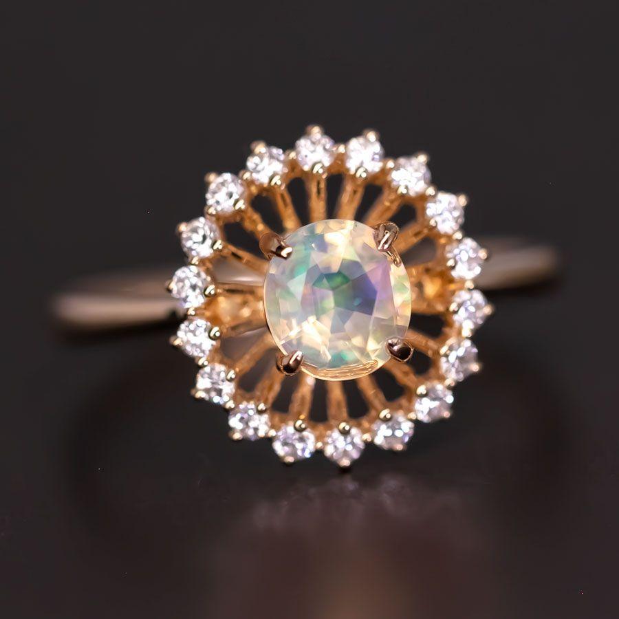 The Sunshine - Faced Fire Opal & Diamond Engagement Ring 18K Yellow Gold In New Condition For Sale In Suwanee, GA