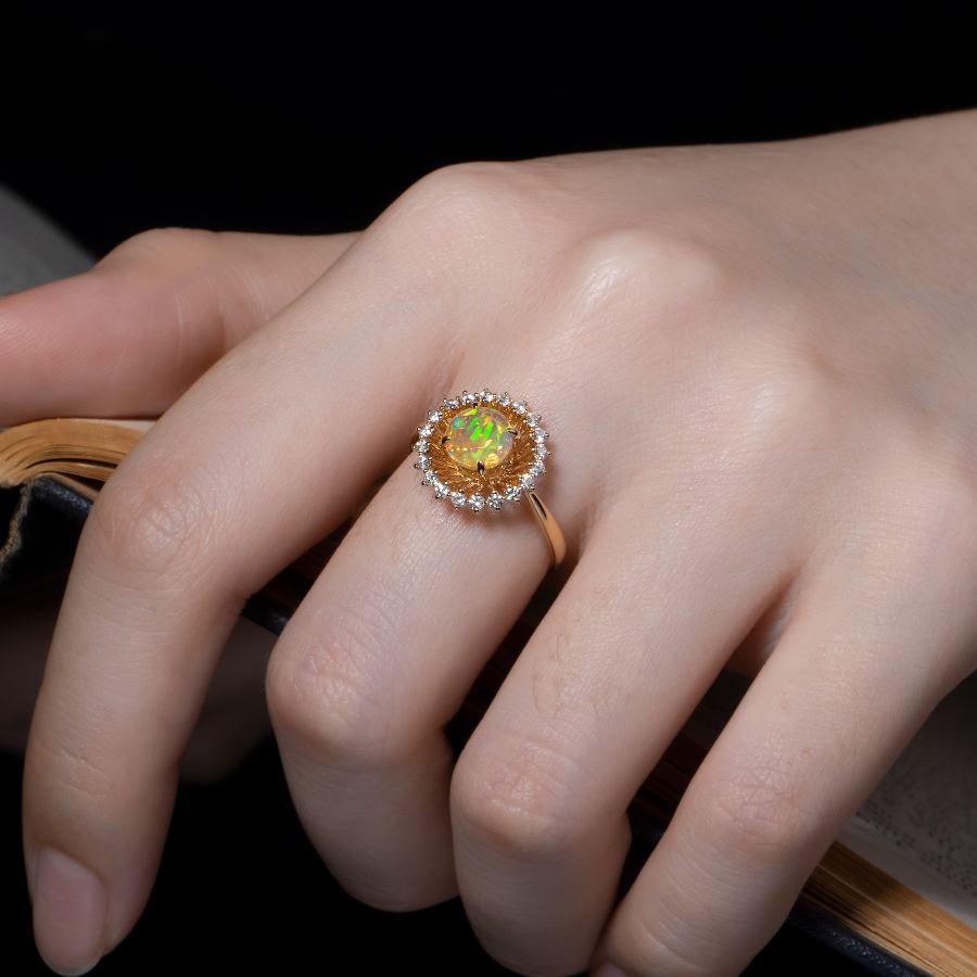 Women's The Sunshine - Faced Fire Opal & Diamond Engagement Ring 18K Yellow Gold For Sale