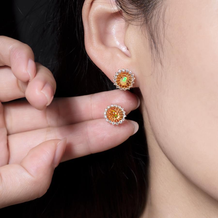 Arts and Crafts The Sunshine - Fire Opal Halo Diamond Stud Earrings 18k Yellow Gold For Sale