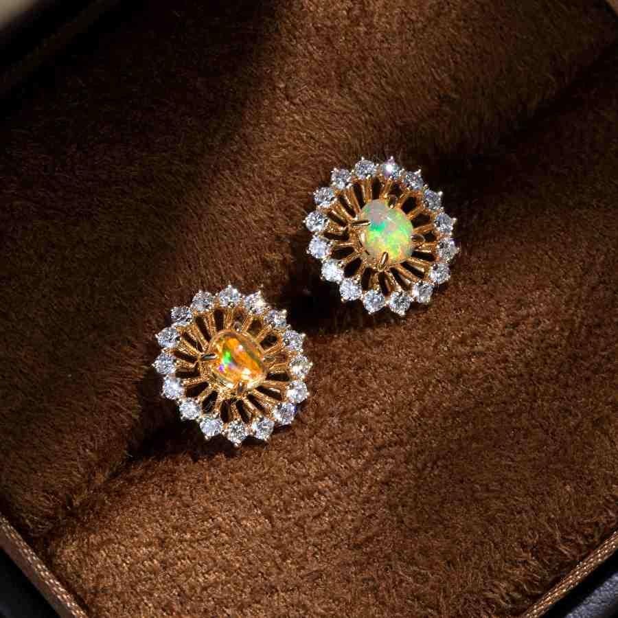 Brilliant Cut The Sunshine - Fire Opal Halo Diamond Stud Earrings 18k Yellow Gold For Sale