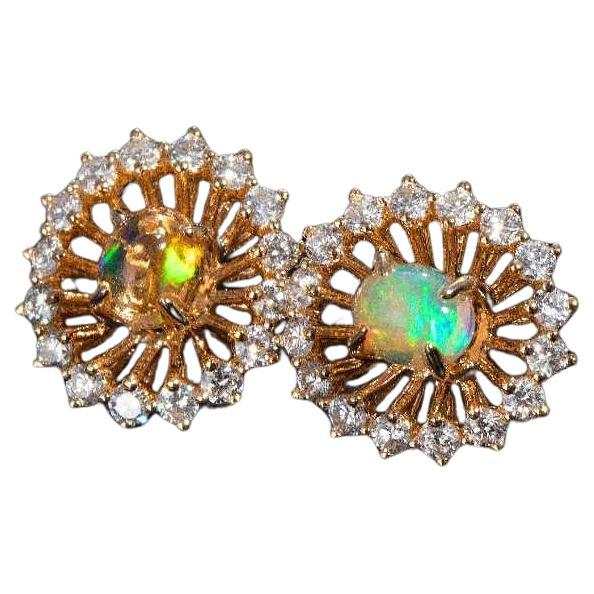 The Sunshine - Fire Opal Halo Diamond Stud Earrings 18k Yellow Gold For Sale
