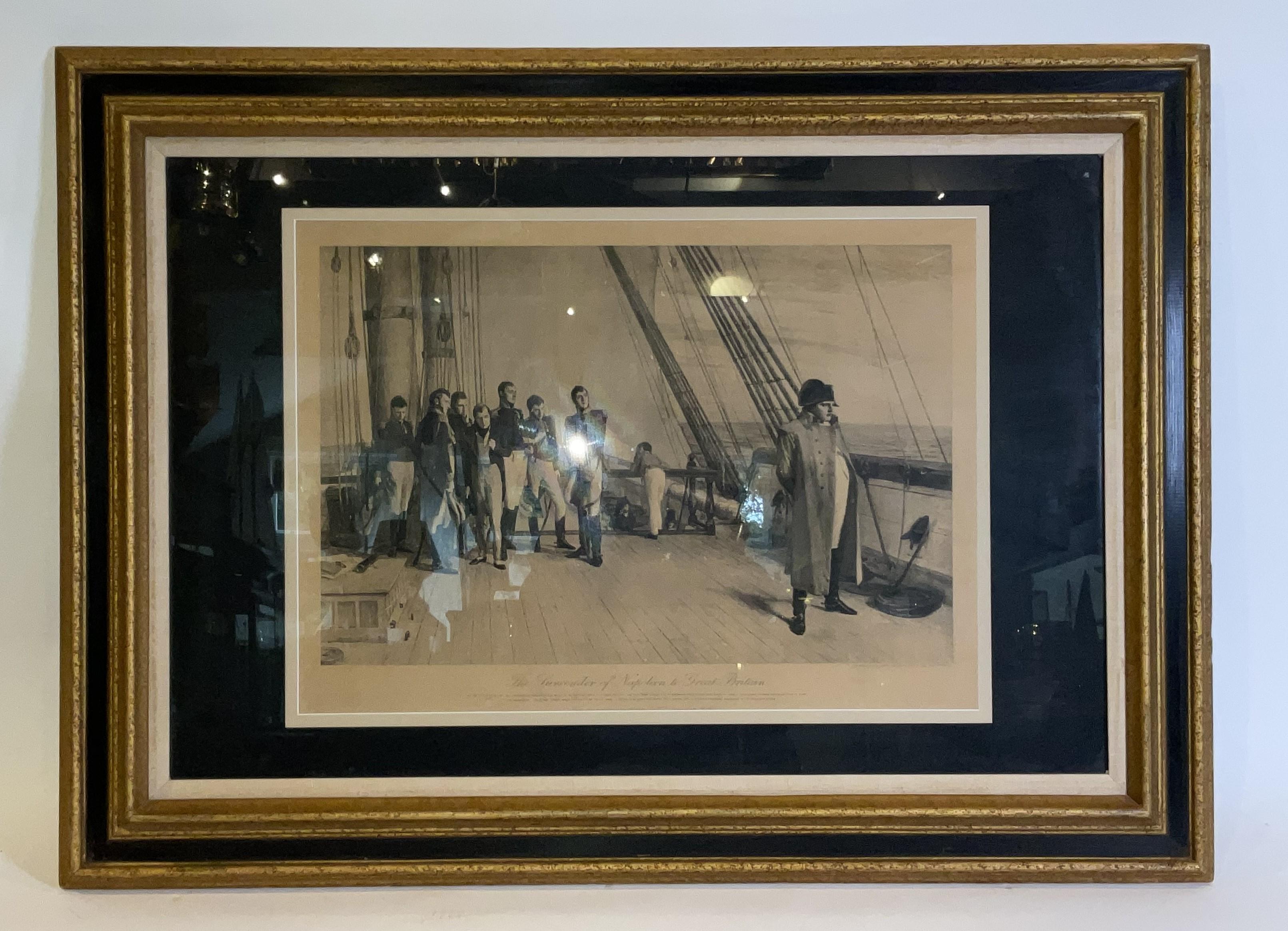 Grabado que muestra a Napoleón en la cubierta de su barco preparándose para rendirse. Sus oficiales están cerca. Bajo la imagen se lee 