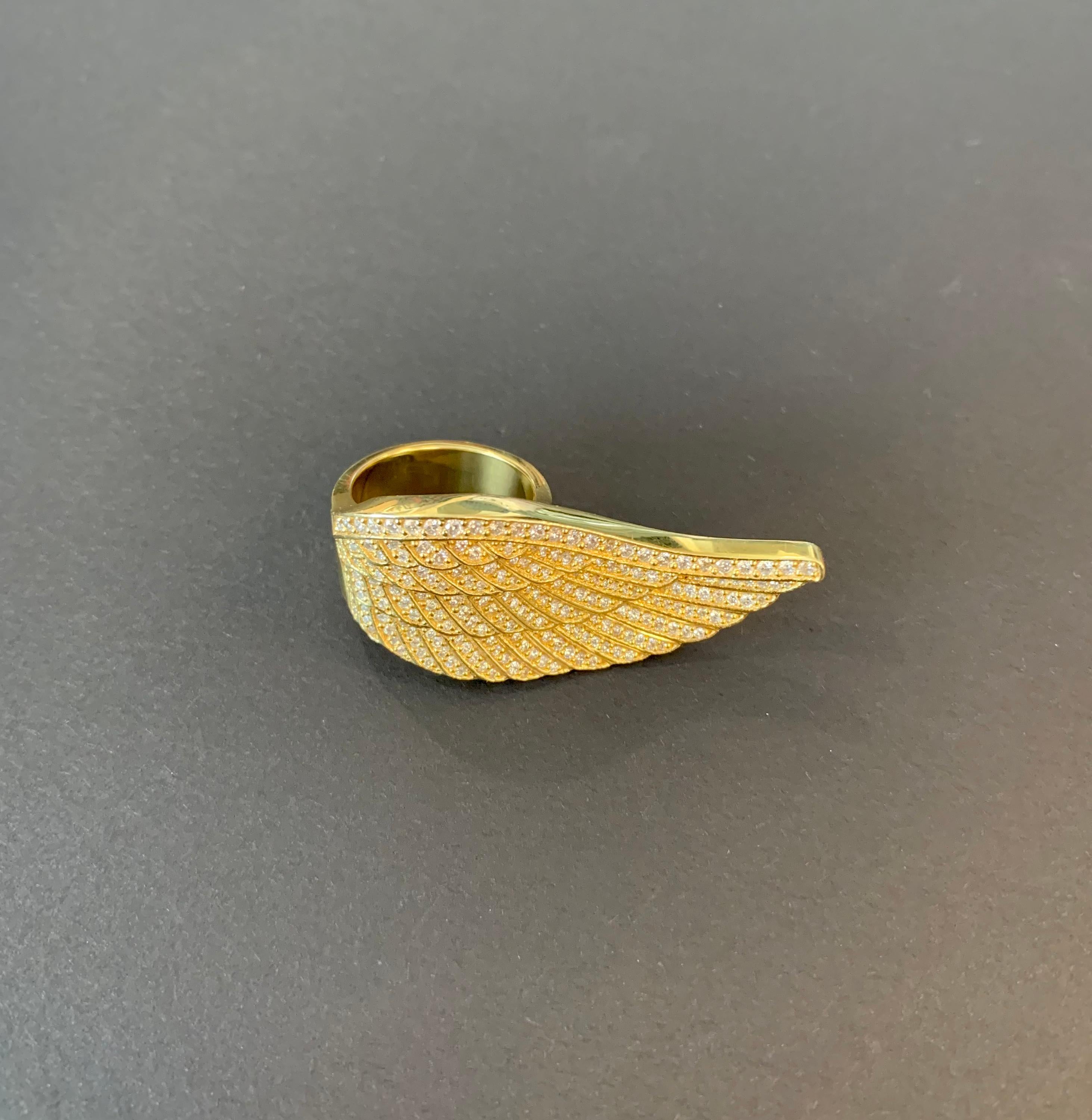 Modern Yellow Gold White Diamond Ring, Angel Wing For Sale