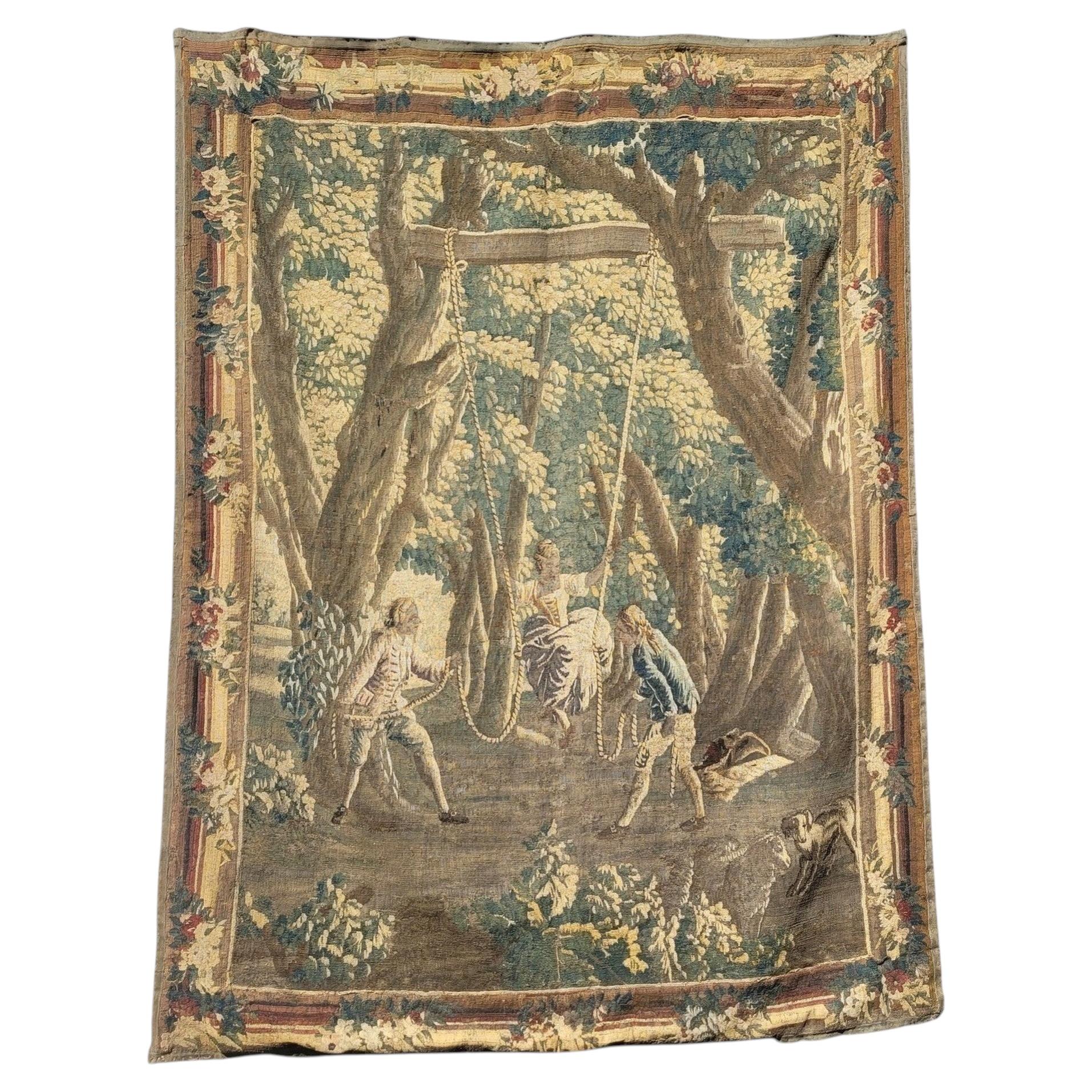 „The Swing“ – ein großer Wandteppich aus Wolle, vermutlich aus Aubusson, 18. Jahrhundert im Angebot
