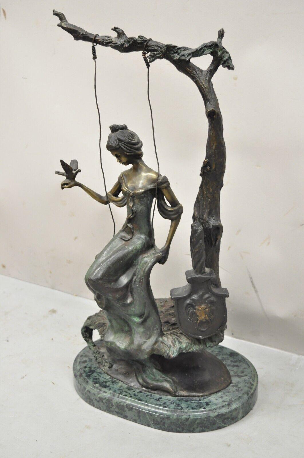 The Swing Bronze Statue on Marble Base after Louis Icart (1888-1950). Item features cast bronze woman maiden on swing with green patination and marble base, very nice item, great style and form, sculped after Louis Icart. Circa late 20th century.