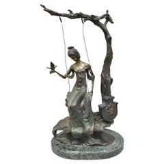 Retro The Swing Bronze Statue on Marble Base after Louis Icart (1888-1950)