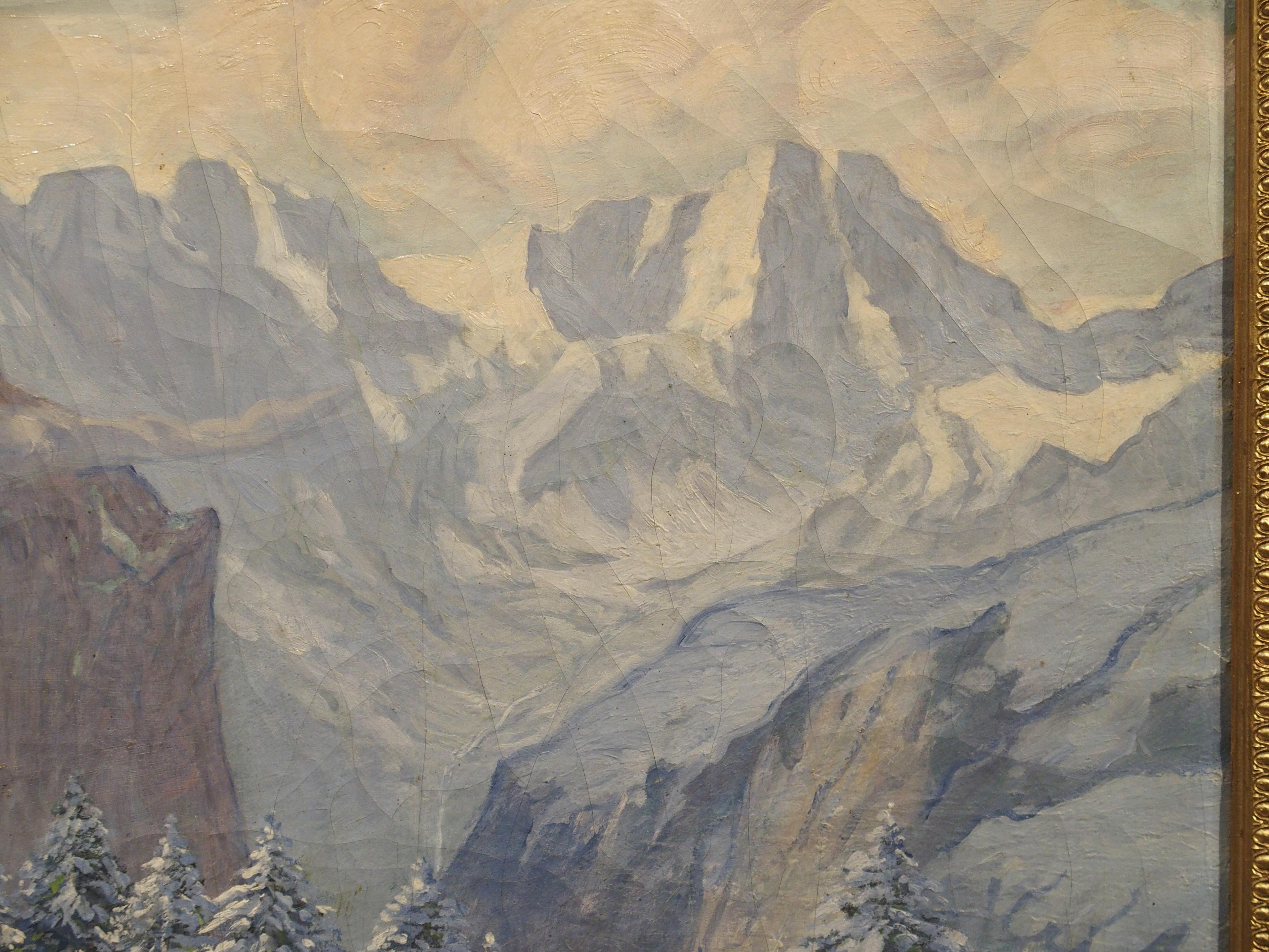 The Swiss Alps in Winter, Large Oil on Canvas by Hans August Haas 1866-1943 For Sale 3