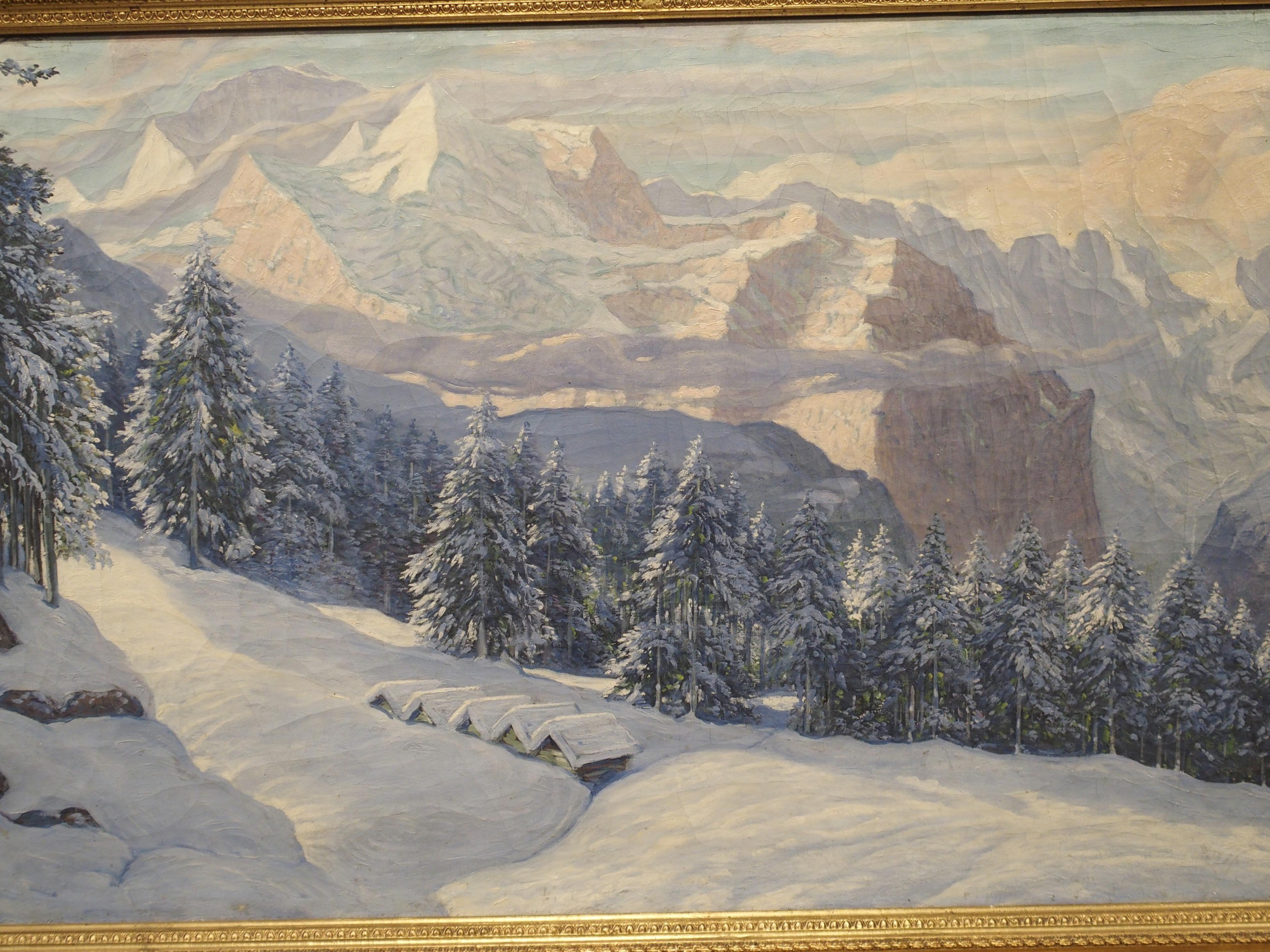 Gilt The Swiss Alps in Winter, Large Oil on Canvas by Hans August Haas 1866-1943 For Sale
