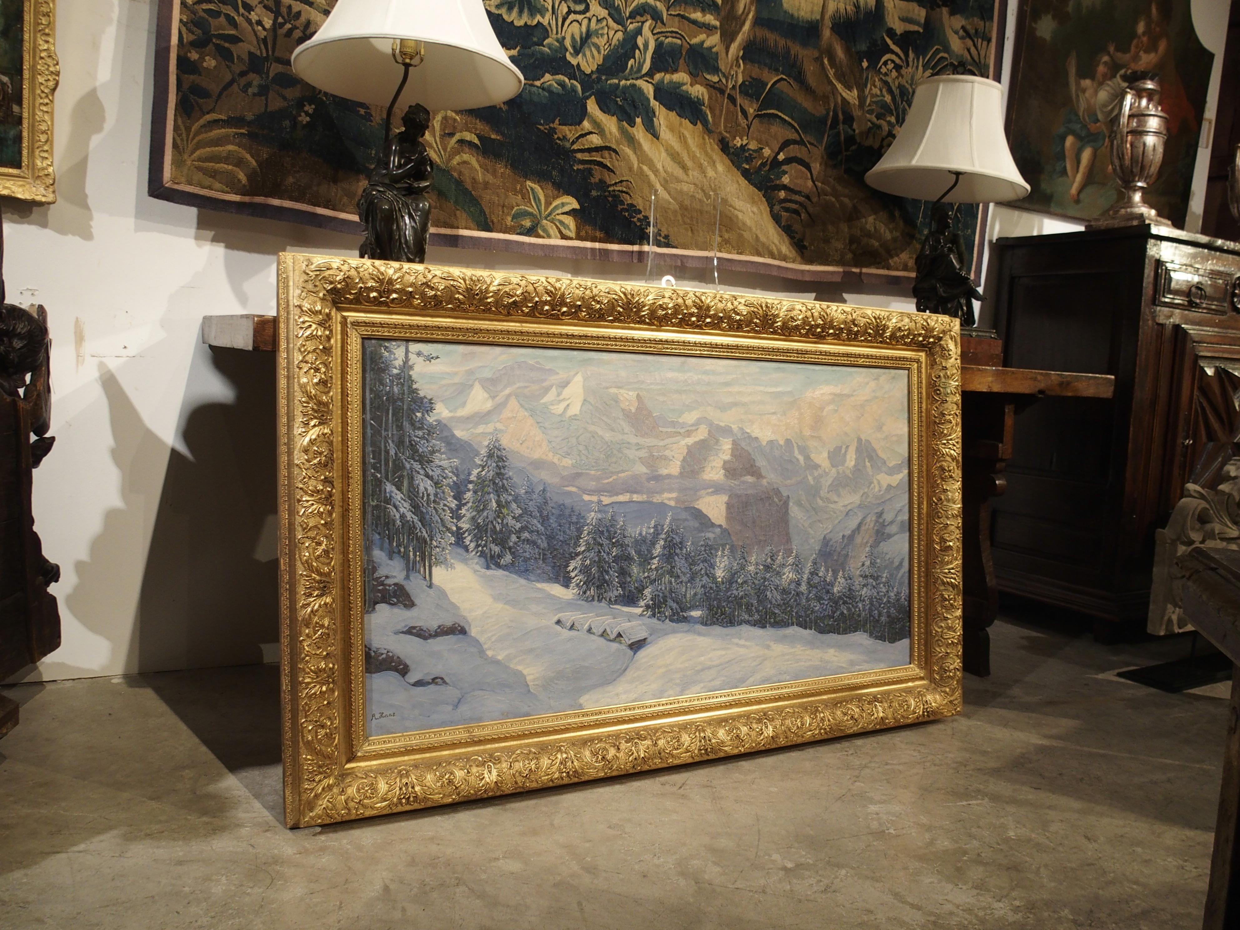The Swiss Alps in Winter, Large Oil on Canvas by Hans August Haas 1866-1943 In Good Condition For Sale In Dallas, TX