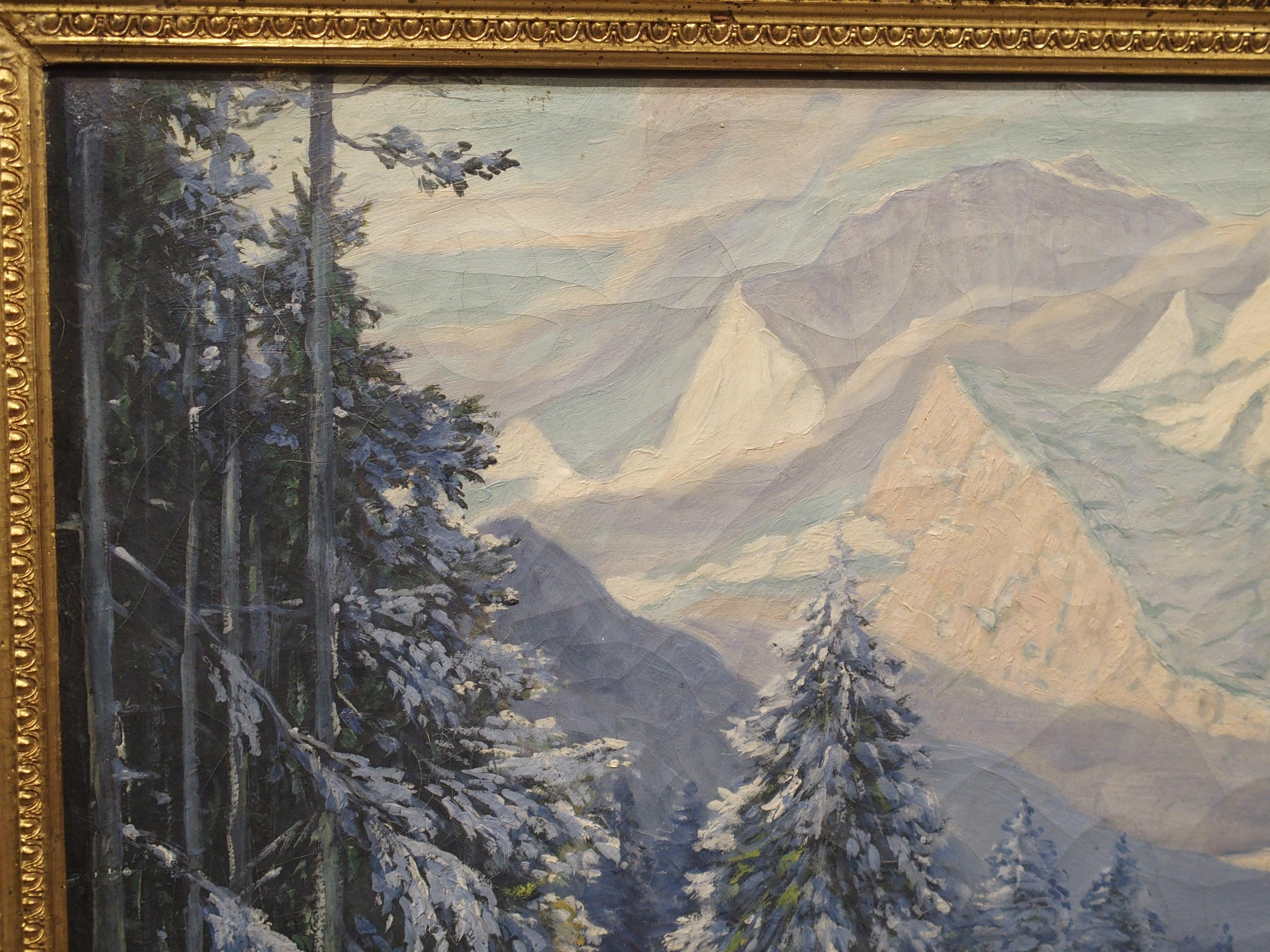 The Swiss Alps in Winter, Large Oil on Canvas by Hans August Haas 1866-1943 For Sale 1