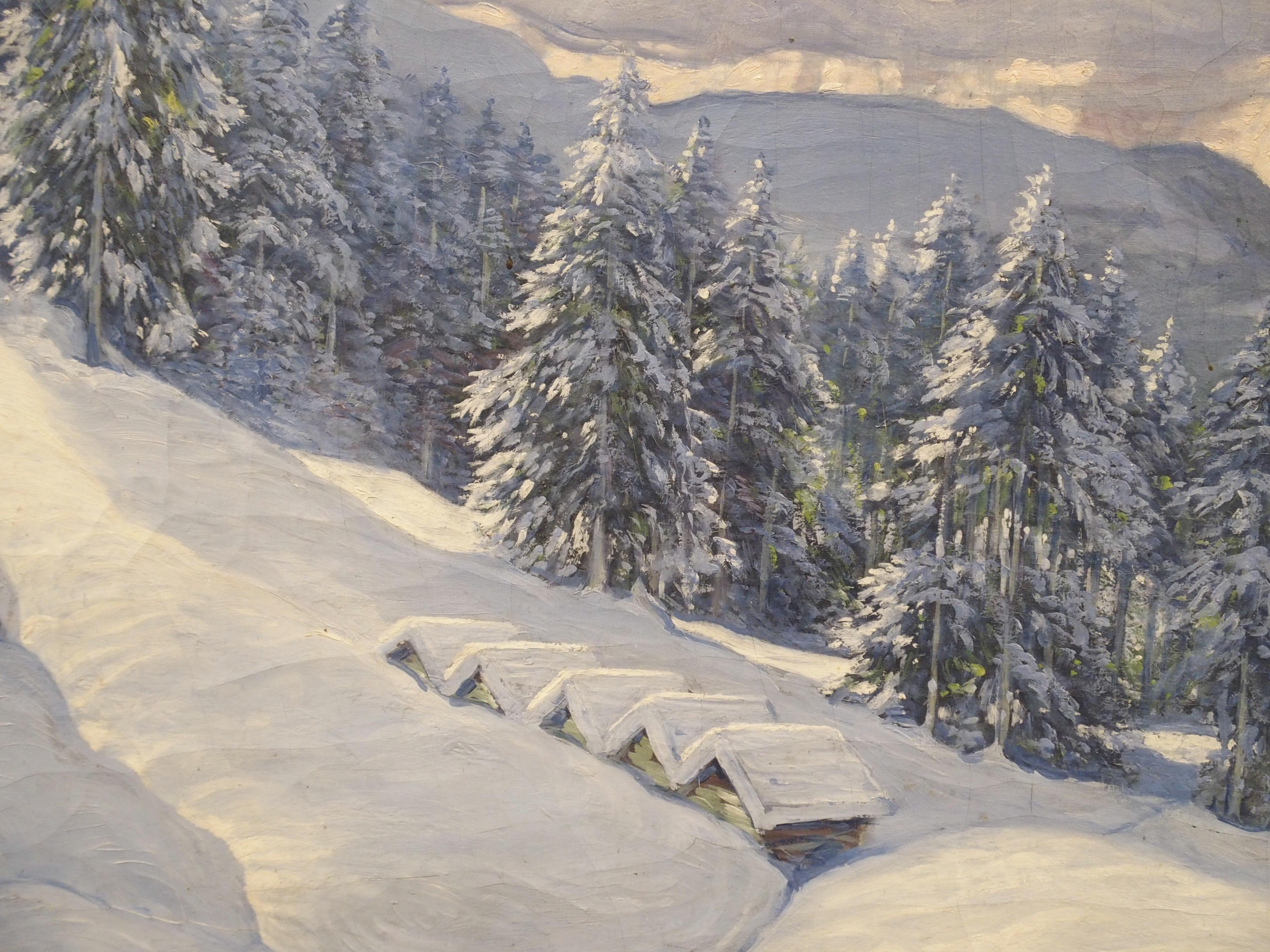 The Swiss Alps in Winter, Large Oil on Canvas by Hans August Haas 1866-1943 For Sale 2