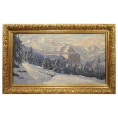 Antique The Swiss Alps in Winter, Large Oil on Canvas by Hans August Haas 1866-1943