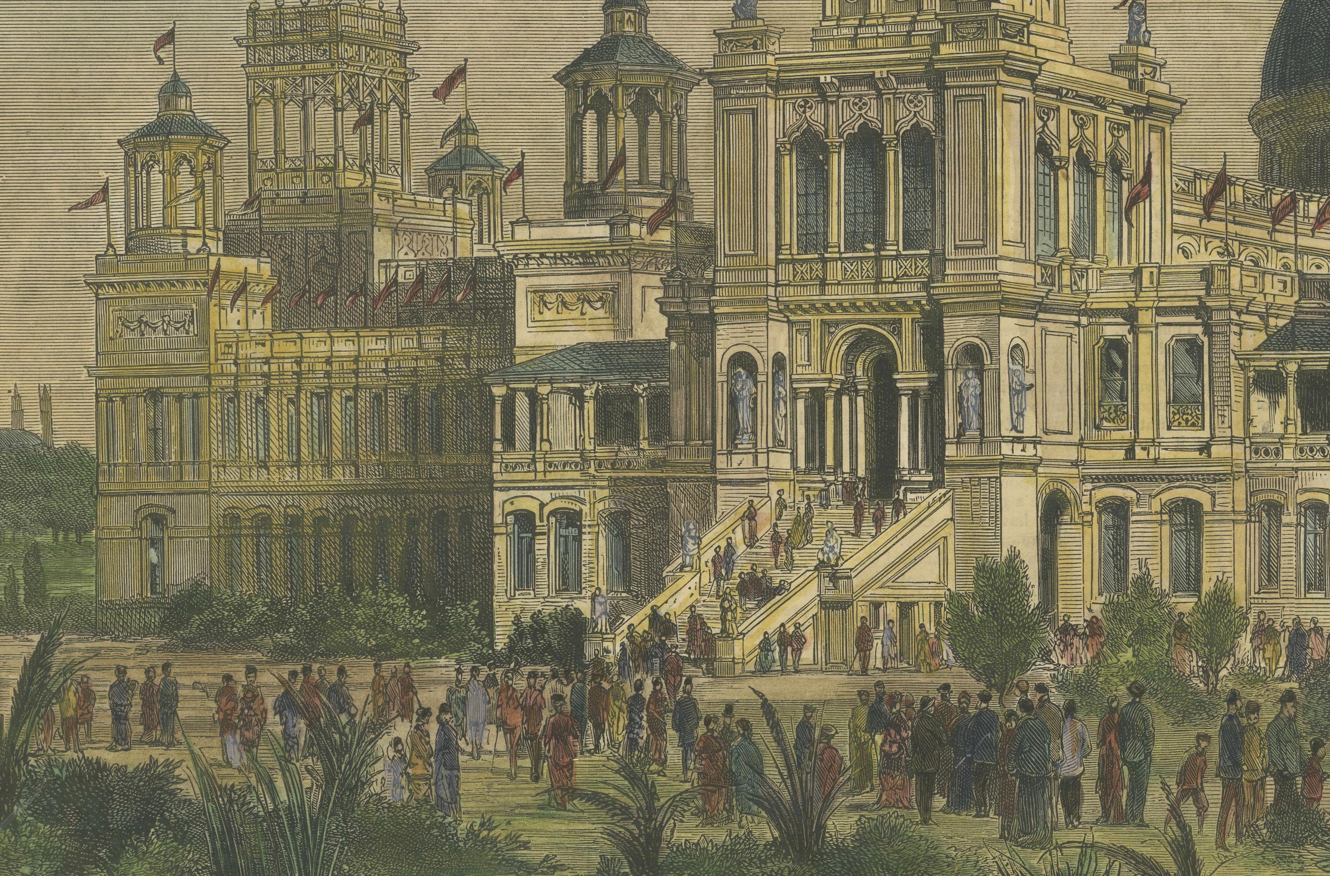 Edificio de la Exposición Internacional de Sydney (Garden Palace), c. 1879  

Pequeñas rasgaduras en los bordes de la hoja, pliegue central como en la edición, vibrante coloreado a mano, buen estado en general.  

Este grabado coloreado a mano de