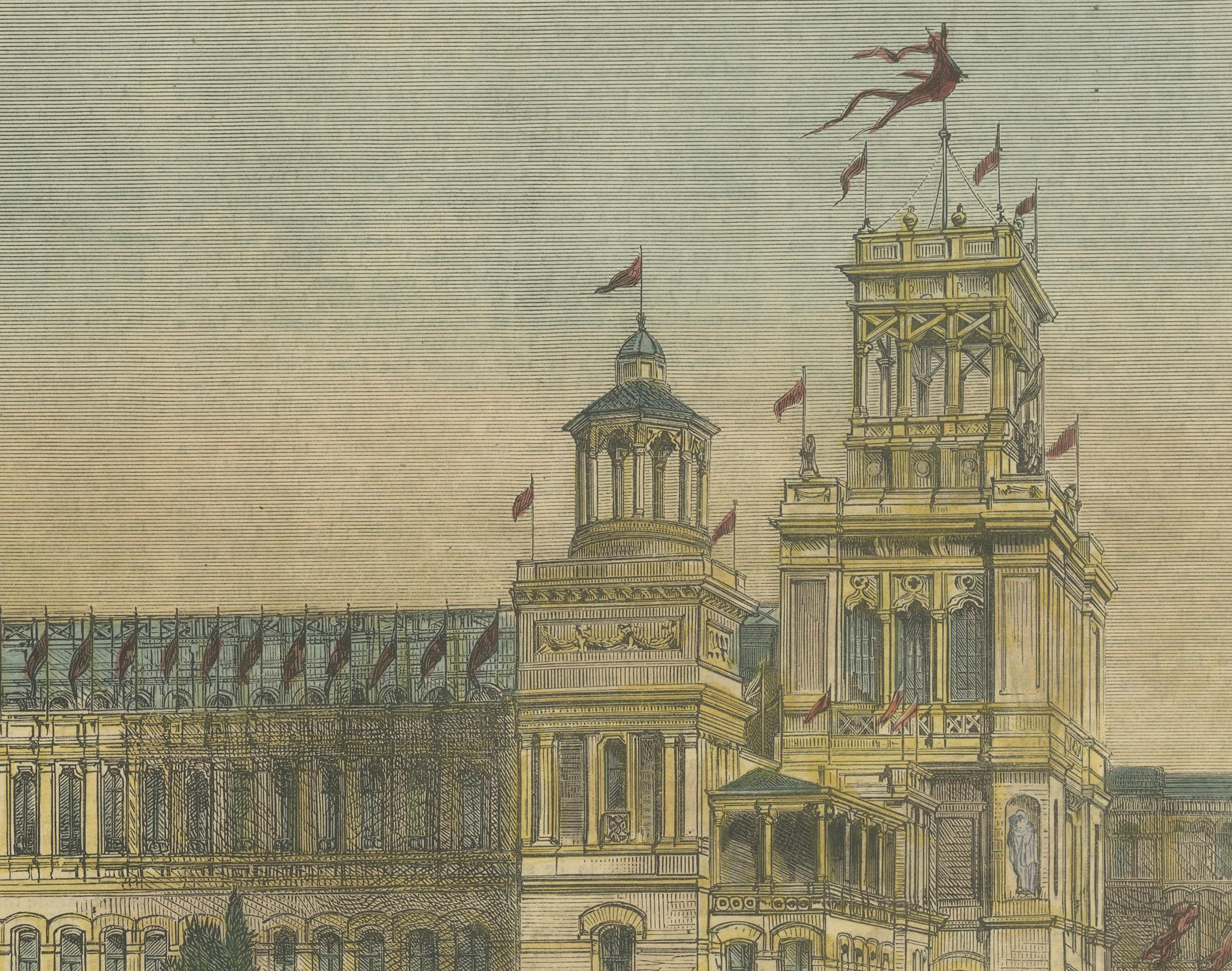 Edificio de la Exposición Internacional de Sydney (Palacio de los Jardines) Grabado, c. 1879 en Bueno estado para la venta en Langweer, NL