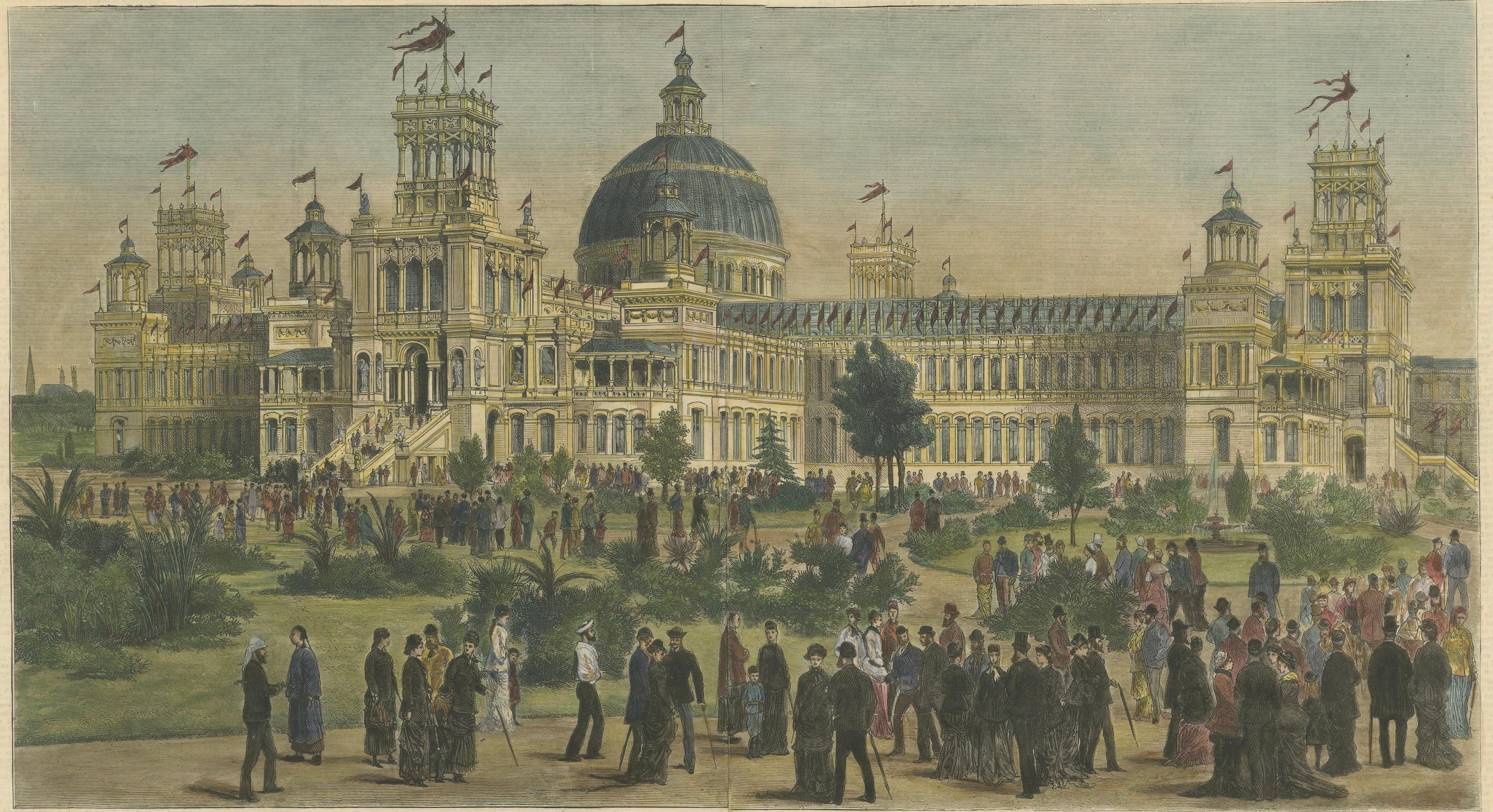 Edificio de la Exposición Internacional de Sydney (Palacio de los Jardines) Grabado, c. 1879 Papel en venta