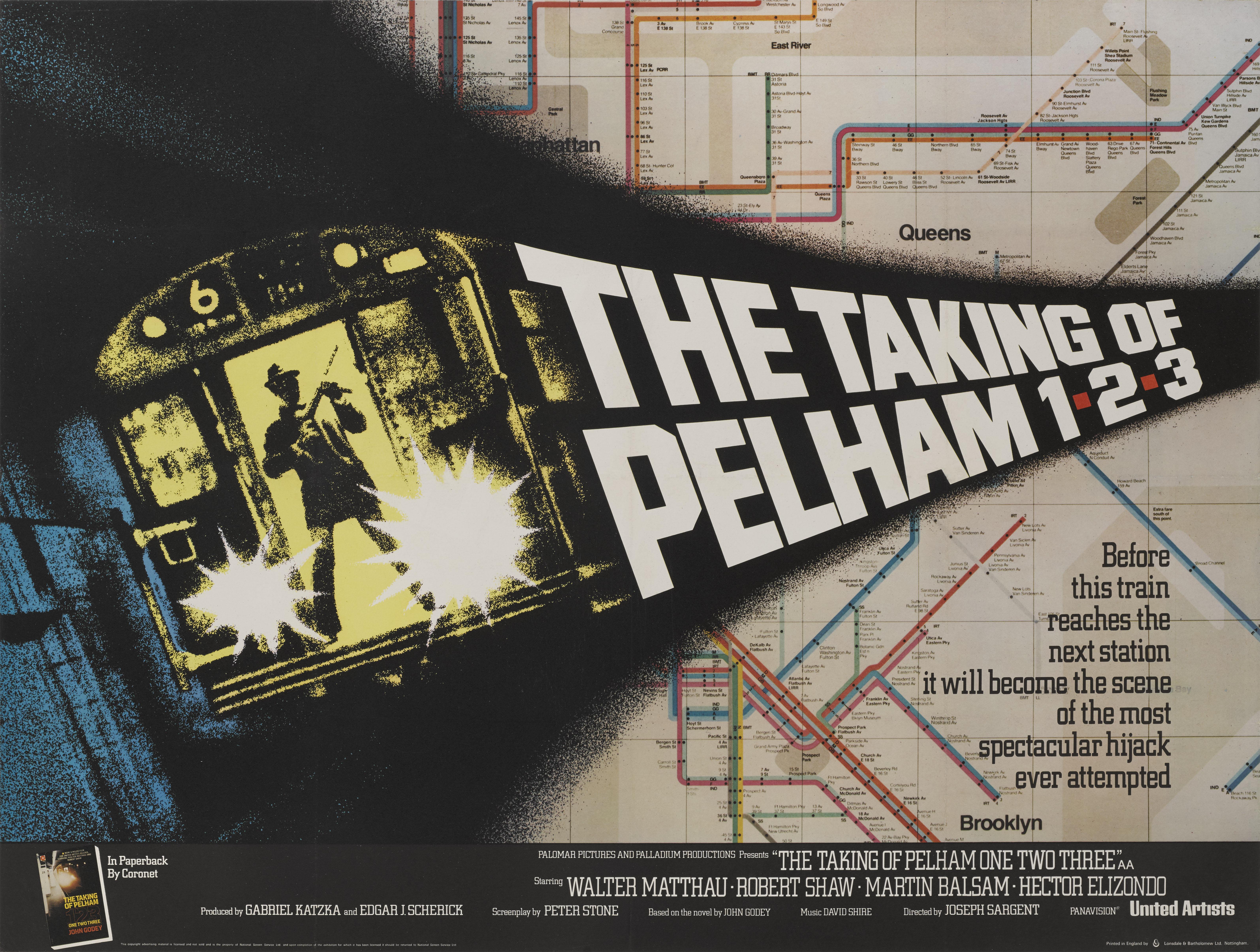 Original British film poster for the film “The Taking of Pelham One Two Three”, 1974.
This action thriller was directed by Joseph Sargent and stars Walter Matthau, Robert Shaw, Martin Balsam, and Héctor Elizondo. The film tells the story of a group