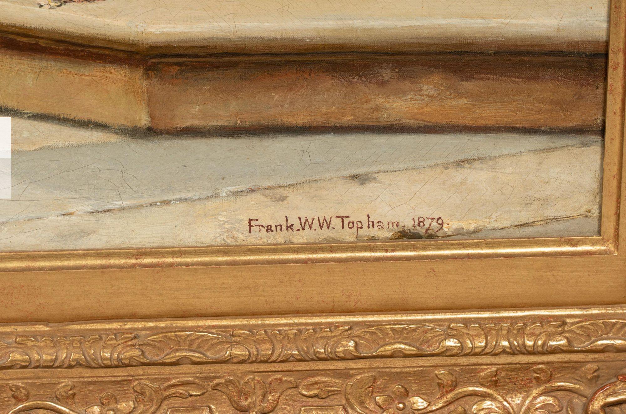 Remarquable peinture à l'huile sur toile intitulée La Mégère apprivoisée de l'artiste britannique Frank William Warwick Topham, réalisée en 1879. Inspiré de la pièce emblématique de William Shakespeare, le tableau capture le moment du retour