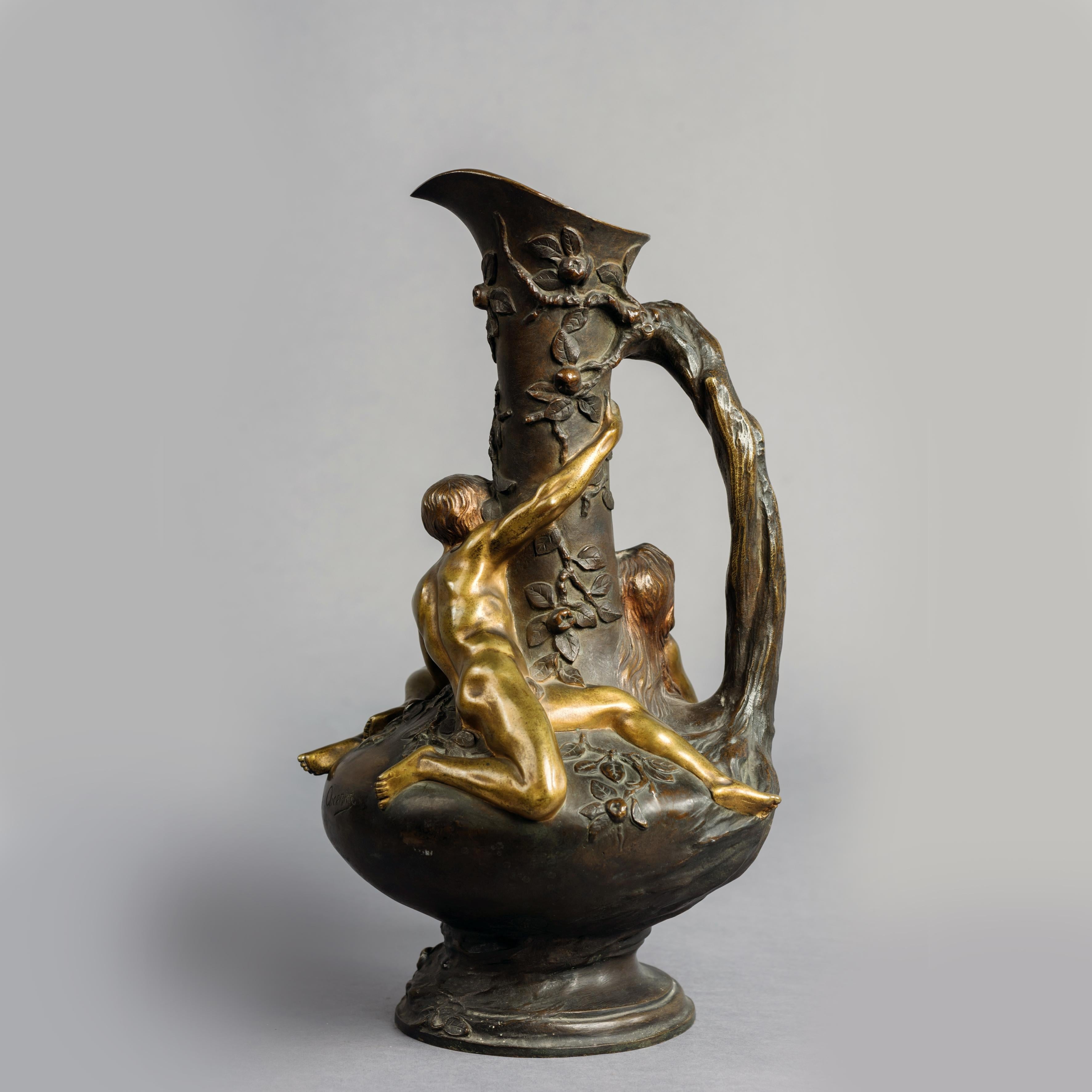 'The Temptation' by Eugene-Victor Cherrier.

A fine patinated bronze ewer modeled in high relief depicting Adam and Eve in the Garden of Eden.

Signed to the bronze body 'Victor Cherrier' for Eugène-Victor Cherrier.

Eugène-Victor Cherrier,