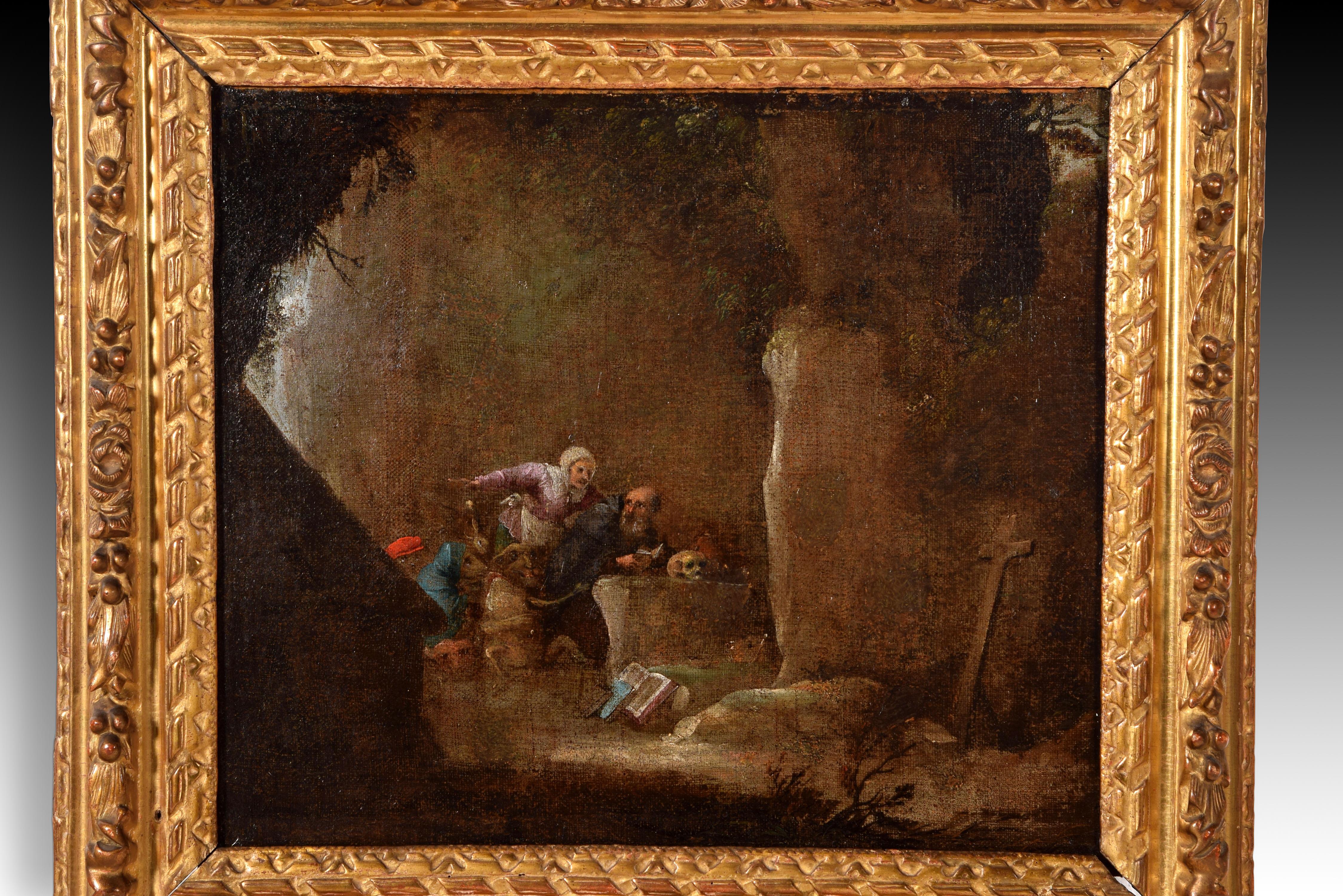 Temptations of San Antonio Abad. Oil on canvas. 17th century, following the model of David Teniers II (Antwerp, 1610-Brussels, 1690). 
Oil on canvas showing a figurative scene located inside a cave. To the right, you can see a cross standing,