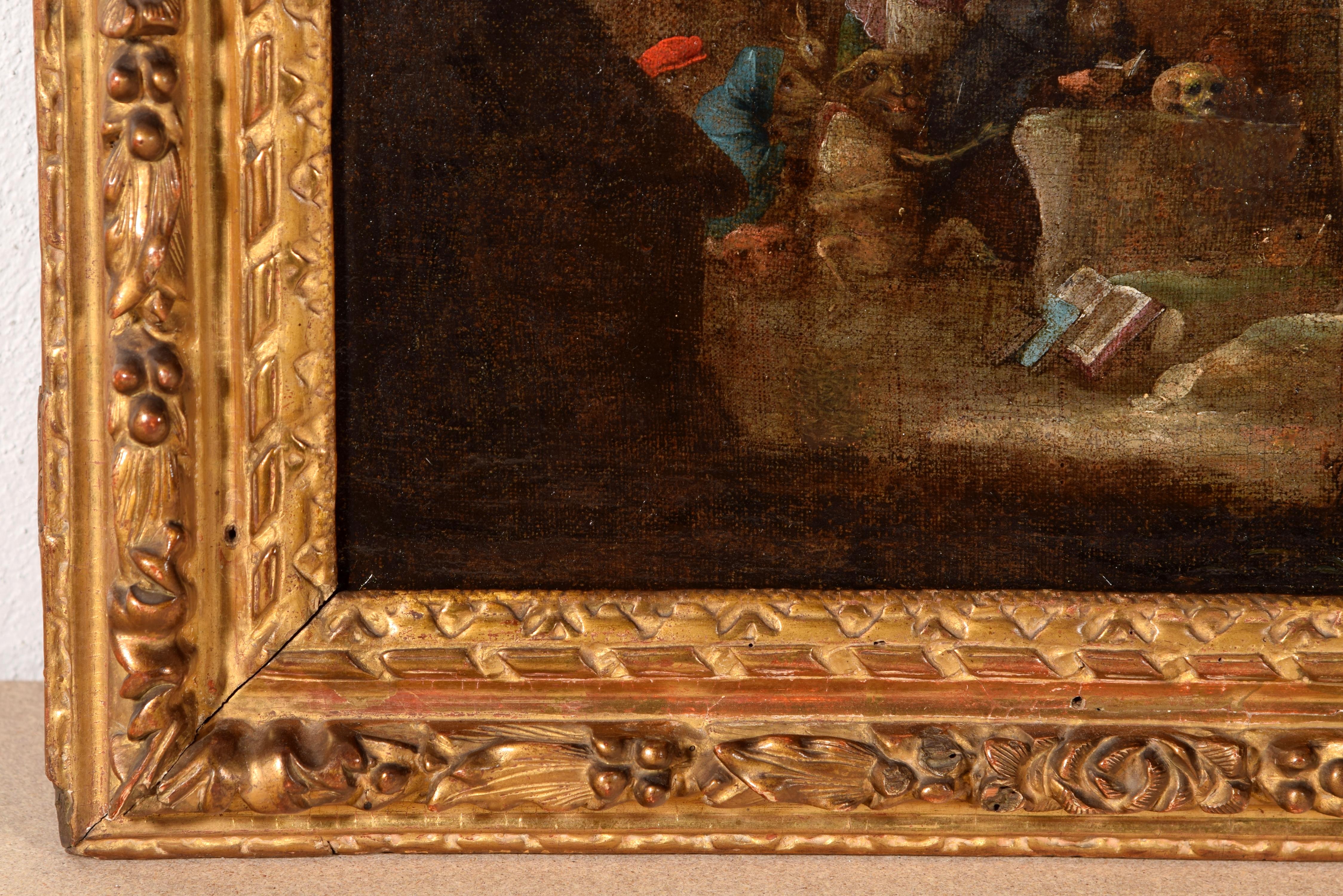Die Versuchung des heiligen Anthony. Ölgemälde auf Leinwand. 17. Jahrhundert, nach David Teniers II im Zustand „Relativ gut“ im Angebot in Madrid, ES
