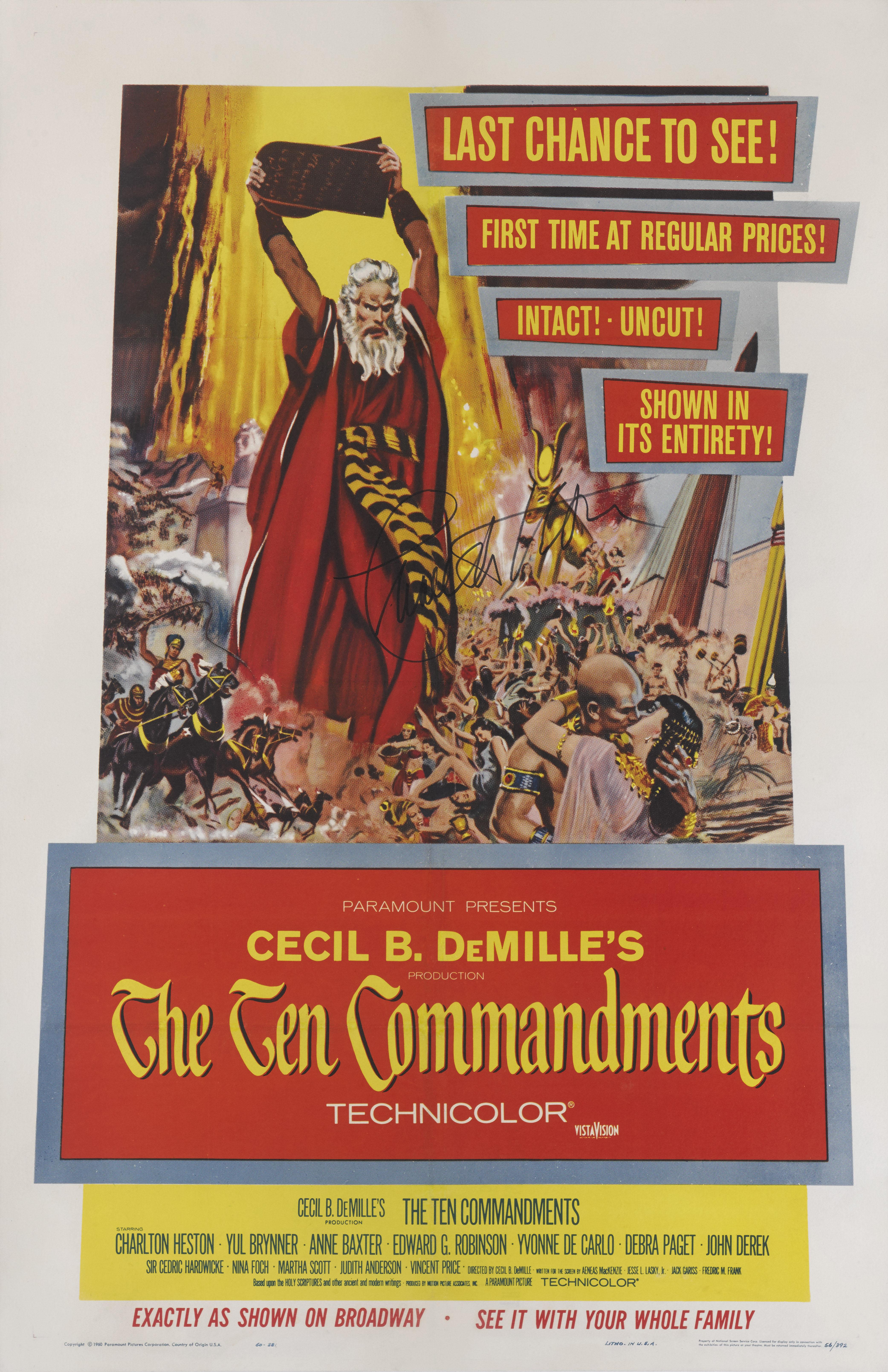 Original US film poster for the 1956 biblical epic directed by Cecil B. DeMille, and stars Charlton Heston, Yul Brynner and Anne Baxter. This poster was signed by Charlton Heston at a book signing in London. It is rare for anyone to have an original