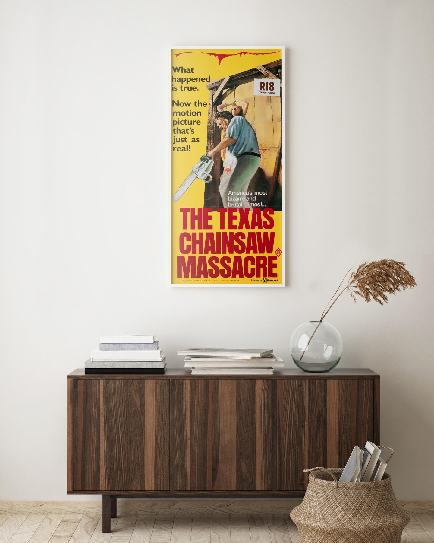 Fantastic original first-year-of-release Australian Daybill film poster for The Texas Chainsaw Massacre. One of the best horrors ever made? Certainly one of the most iconic.

This vintage movie poster is sized 13 x 28 inches. It will be sent
