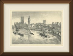 The Thames Embankment, Victorian London, Antique Tinted Lithograph, circa 1880