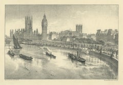 The Thames Embankment, Victorian London, Antique Tinted Lithograph, circa 1880