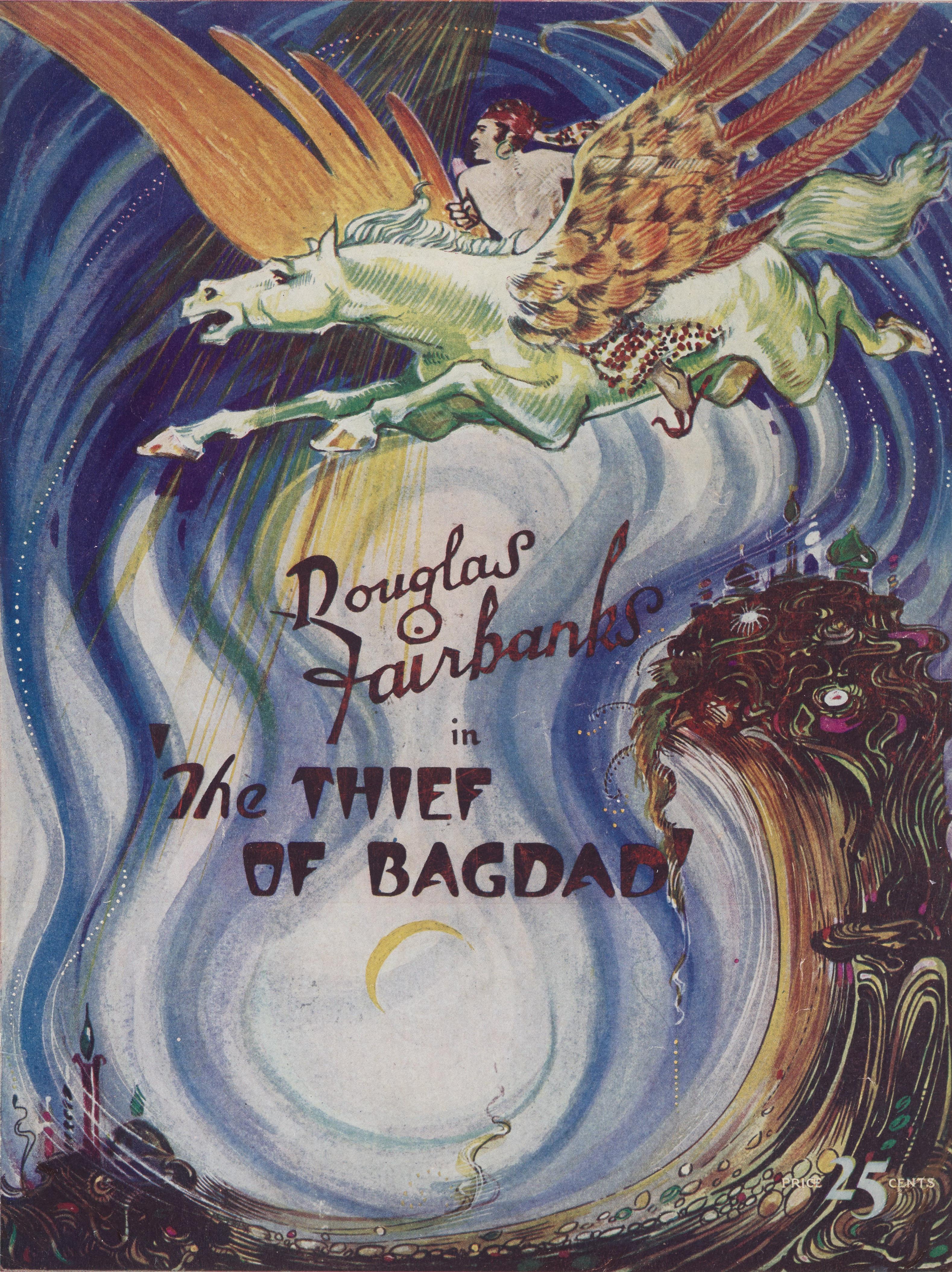 Original American cover of the souvenir program for Douglas Fairbanks clasic 1924 silent fantasy film directed by Raoul Walsh. The artwork on this piece shows Fairbanks on the winged horse. This piece has been conservation paper backed and