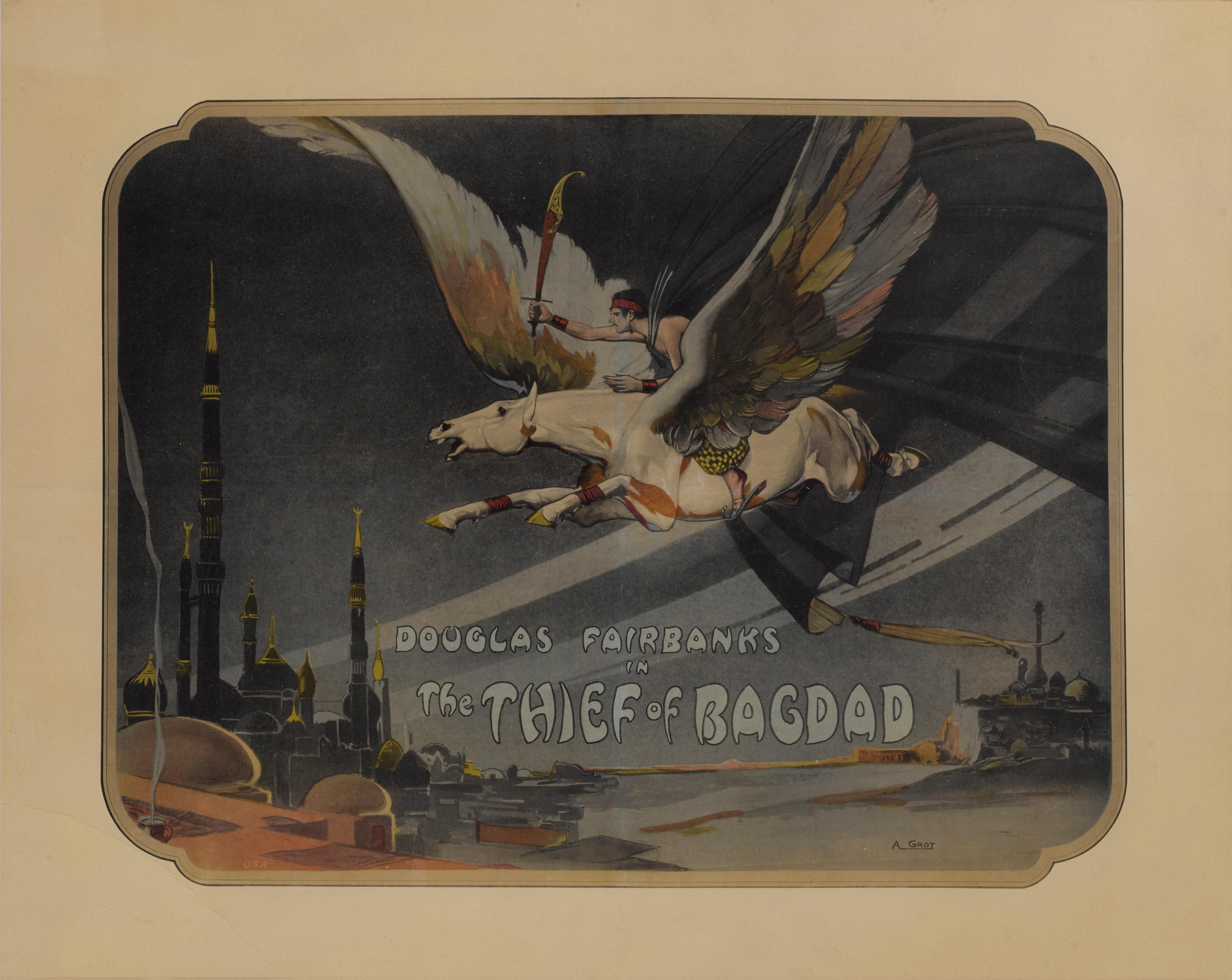 Original US film poster for the 1924 film Thief of Bagdad.
This 1924 American silent film was directed by Raoul Walsh. Douglas Fairbanks produced, wrote the story and stars in the film. The story is an adaptation of One Thousand and One Nights, in