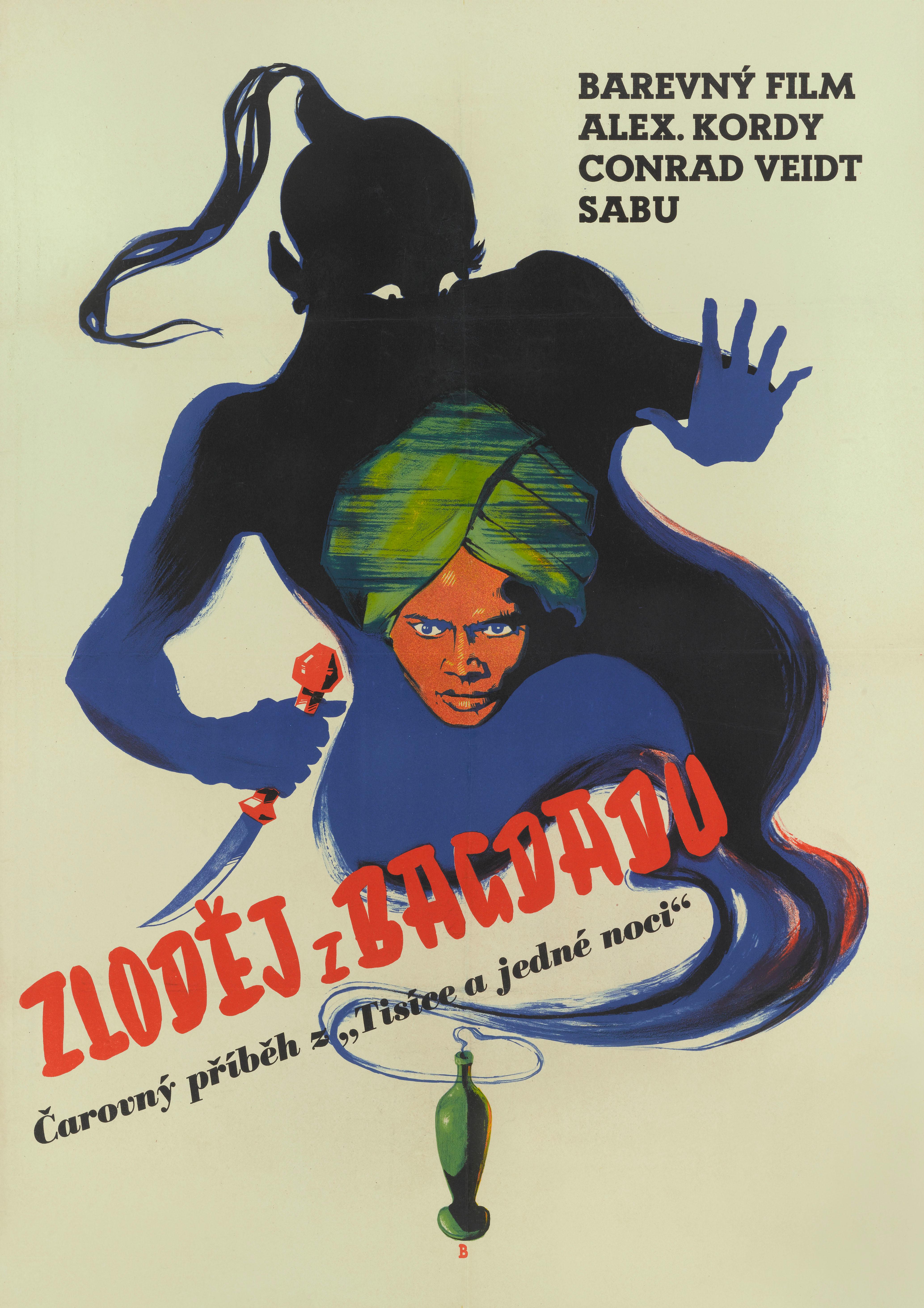 Locandina originale ceca del film fantasy d'avventura del 1940 Il ladro di Bagdad.
Questo film è interpretato da Conrad Veidt, Sabu e June Duprez ed è stato diretto da 
una schiera di meravigliosi registi tra cui Ludwig Berger, Michael Powell, Tim