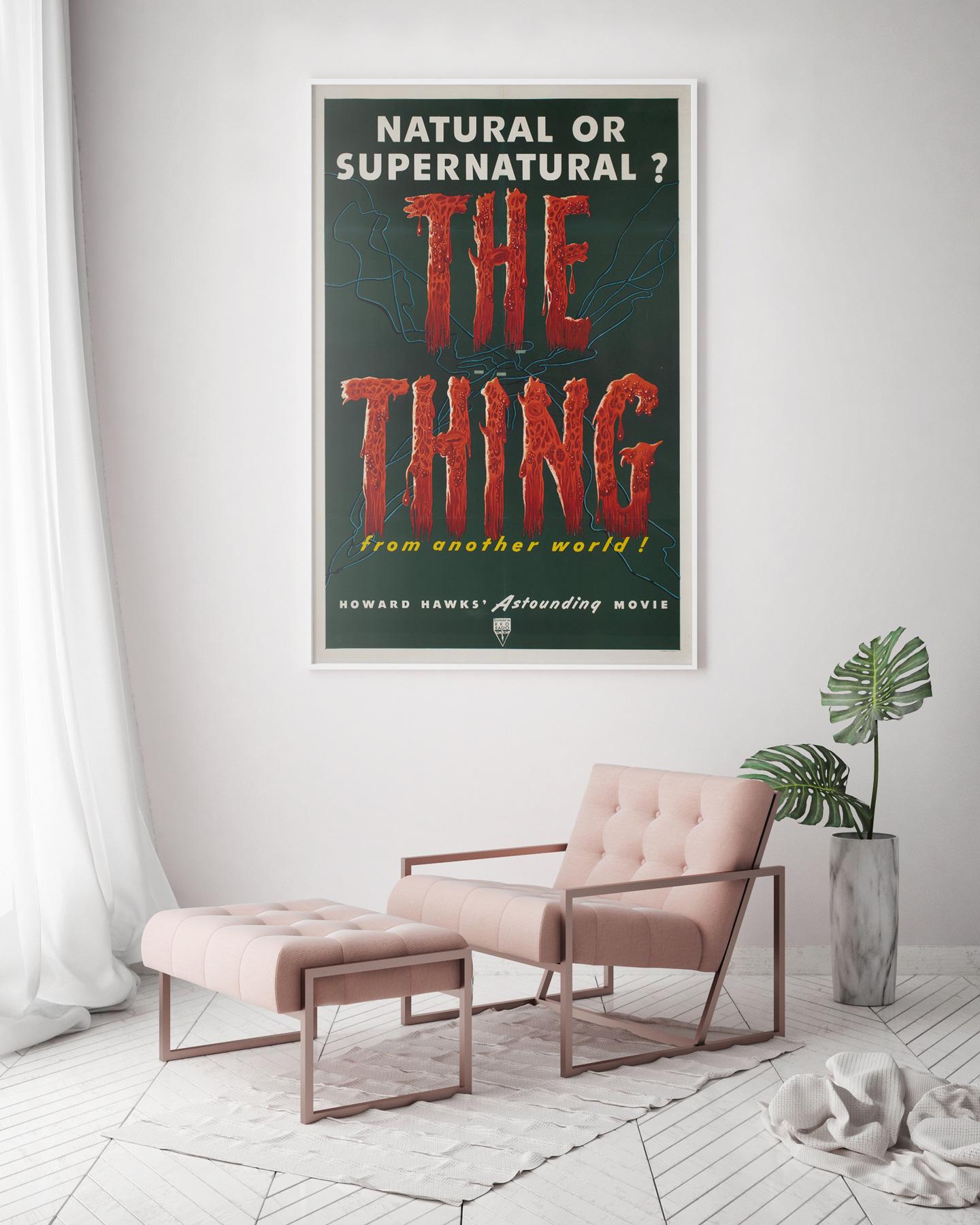 Howard Hawks' The Thing From Another World!, the classic 1951 sci-fi. Great artwork for a great film!

This vintage movie poster has been professionally linen-backed and is sized 26 3/4 x 41 inches )plus a little extra with the linen-backing). It