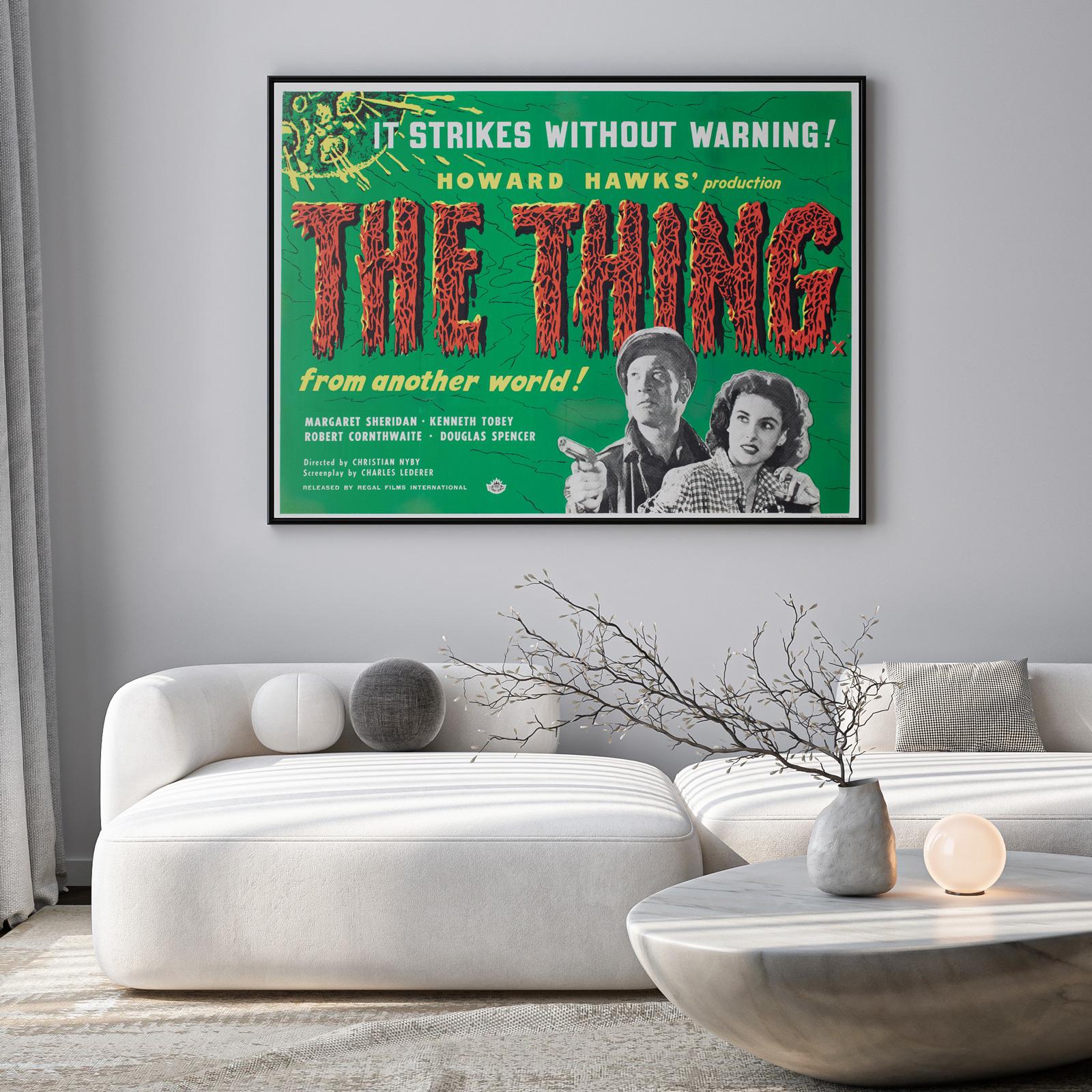 Howard Hawks' The Thing From Another World!, the classic 1951 sci-fi. Great artwork for a great film on the Quad from its early re-release from the 1960's!

This vintage movie poster has been professionally linen-backed and is sized 30 x 40 inches