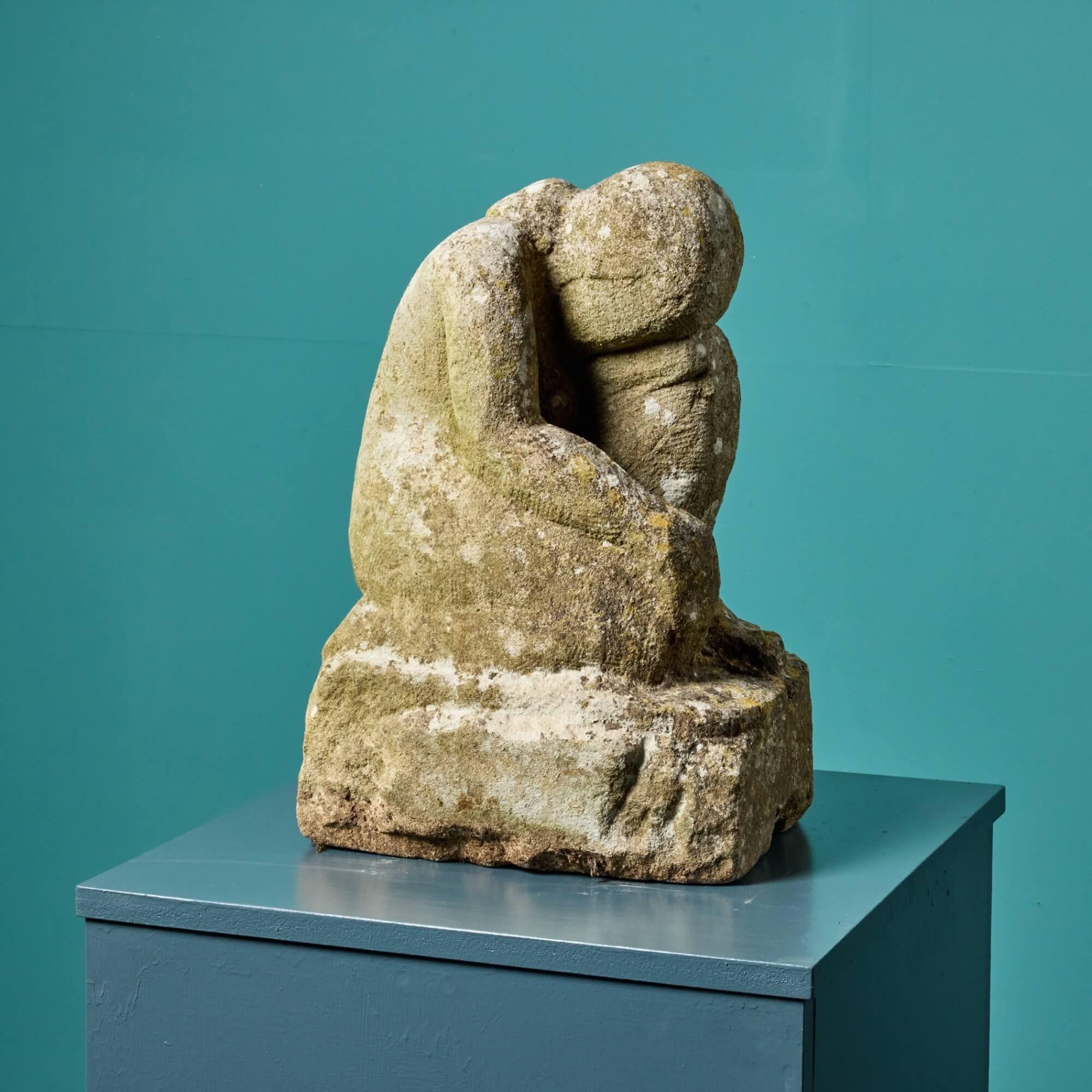 Mid-Century Modern ‘The Thinker’ Carved Kneeling Statue by a Student of Hugh Casson For Sale