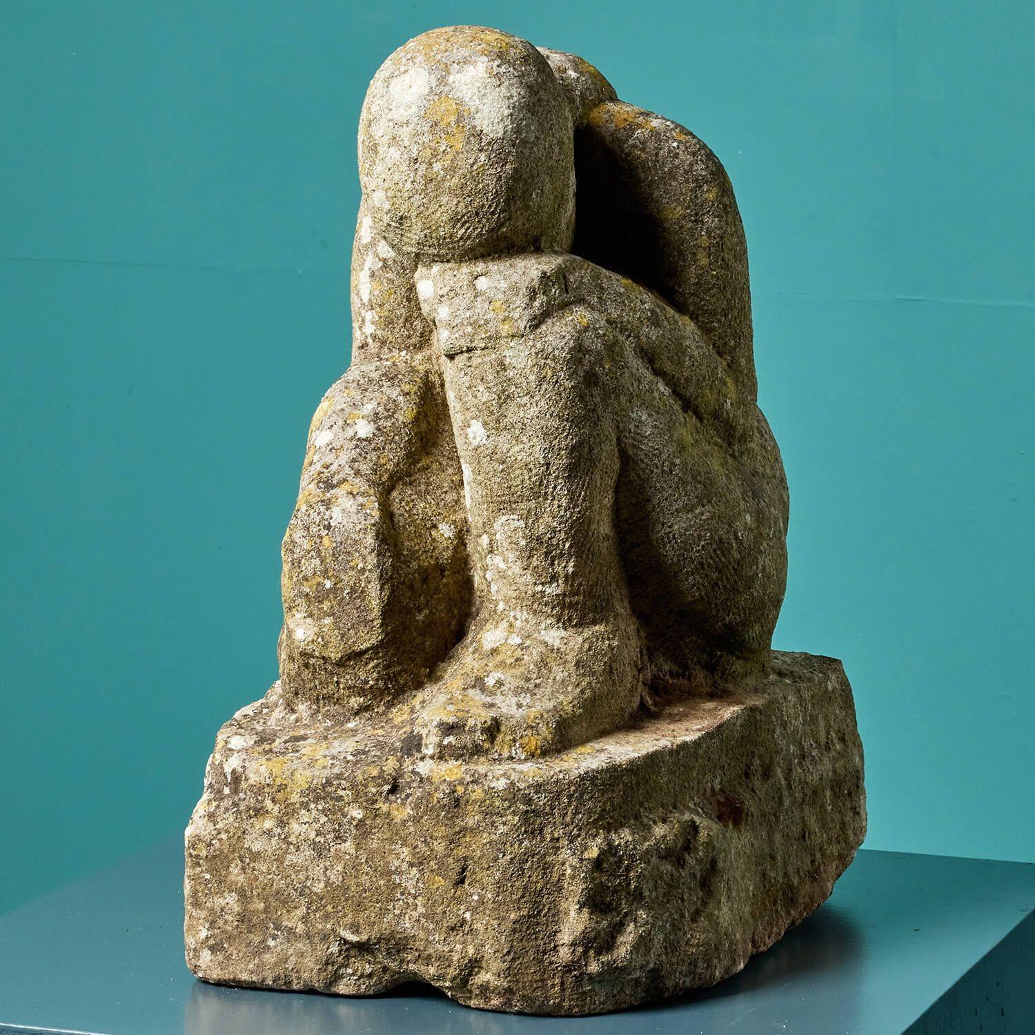 Mid-Century Modern ‘The Thinker’ Carved Kneeling Statue by a Student of Hugh Casson For Sale