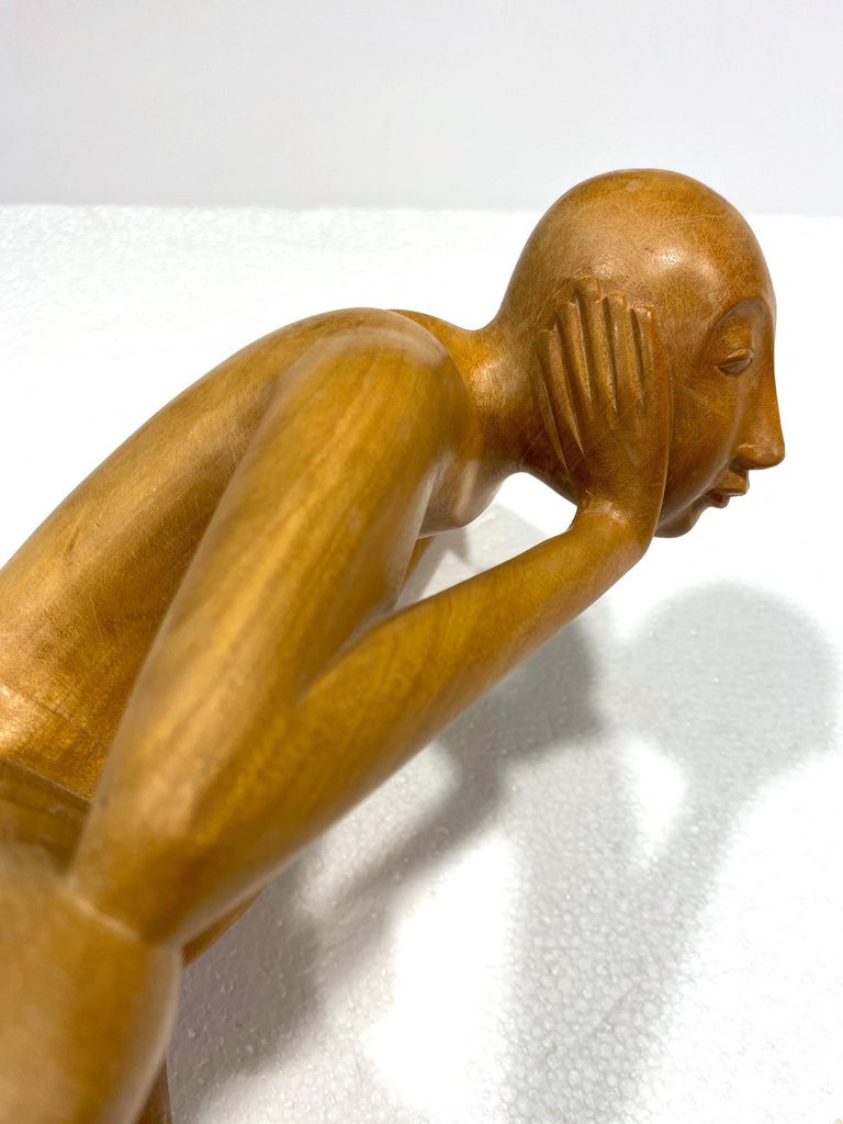 The Thinker, Vintage Balinese Figural Sculpture in Solid Wood, c. 1970's 2