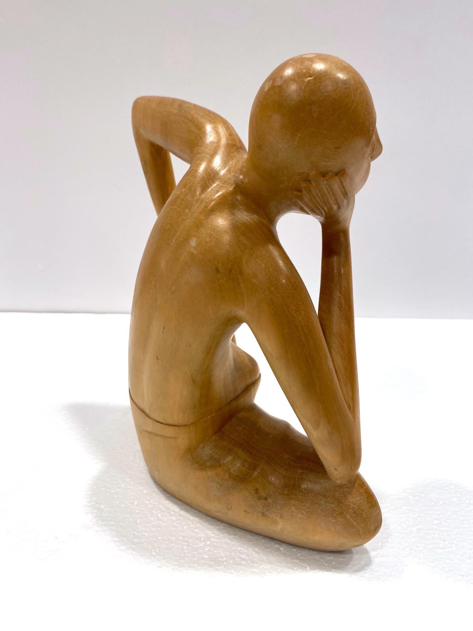 The Thinker, Vintage Balinese Figural Sculpture in Solid Wood, c. 1970's 3