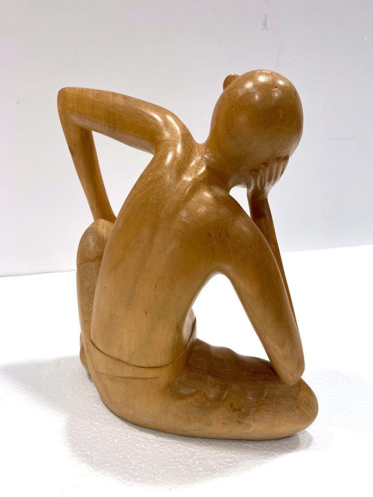 The Thinker, Vintage Balinese Figural Sculpture in Solid Wood, c. 1970's 4