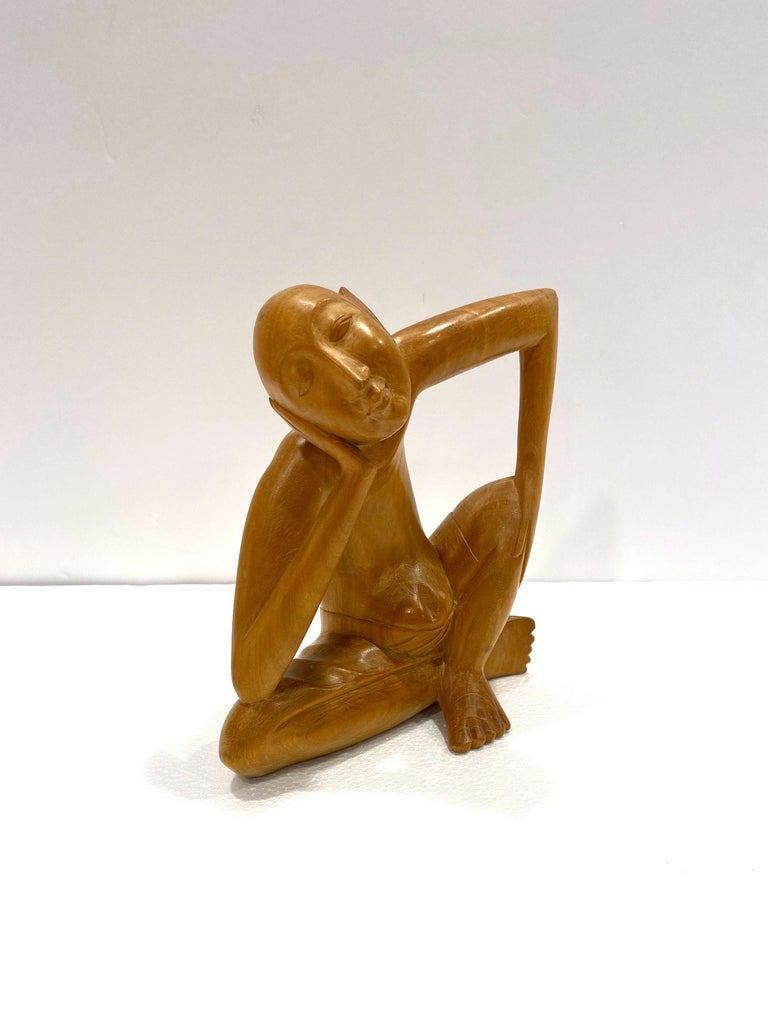 Organic Modern The Thinker, Vintage Balinese Figural Sculpture in Solid Wood, c. 1970's