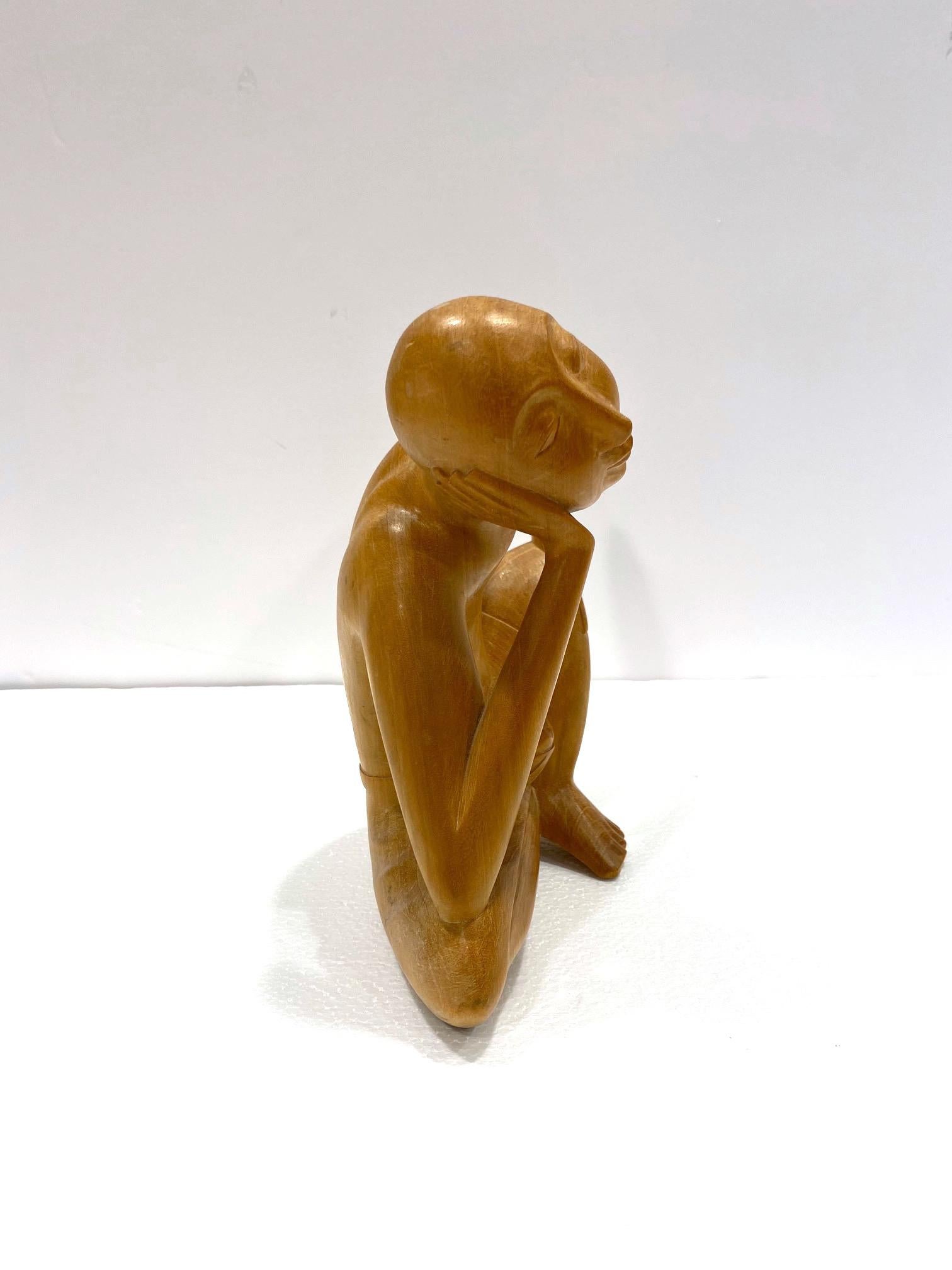 The Thinker, Vintage Balinese Figural Sculpture in Solid Wood, c. 1970's In Good Condition In Fort Lauderdale, FL