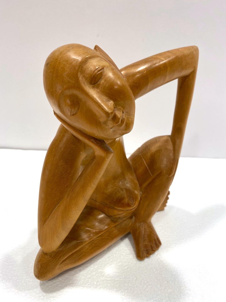 Reclaimed Wood The Thinker, Vintage Balinese Figural Sculpture in Solid Wood, c. 1970's
